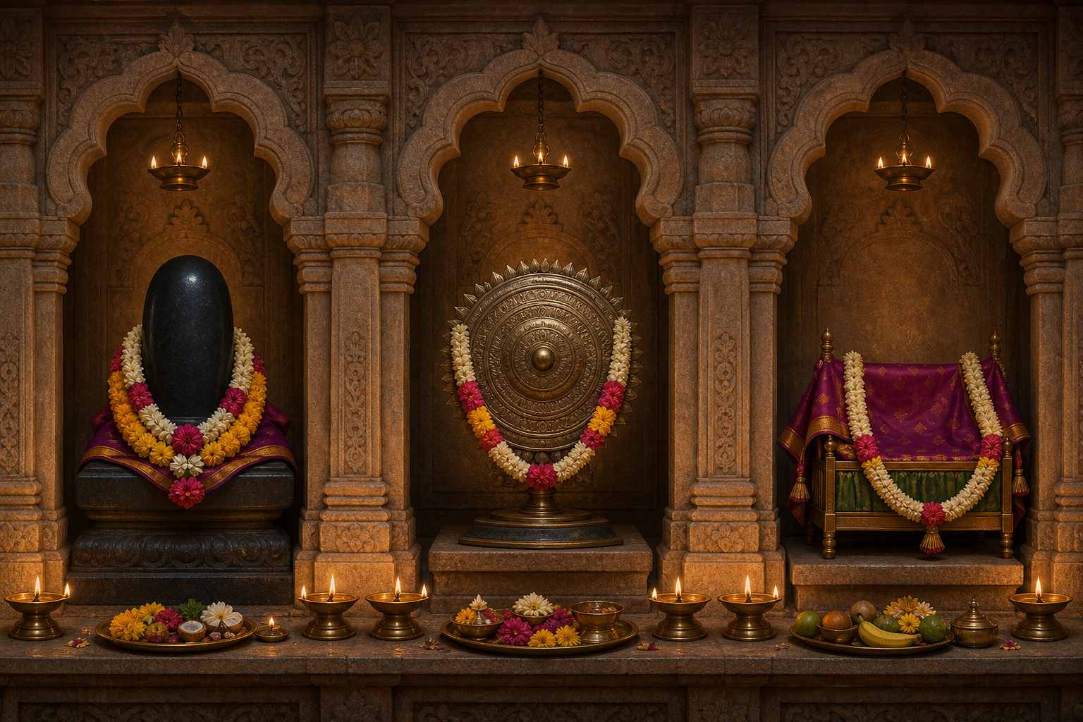 Three stone temple niches hold a smooth stone form, a metal discus, and a ceremonial cradle, each accompanied by flowers and oil lamps.