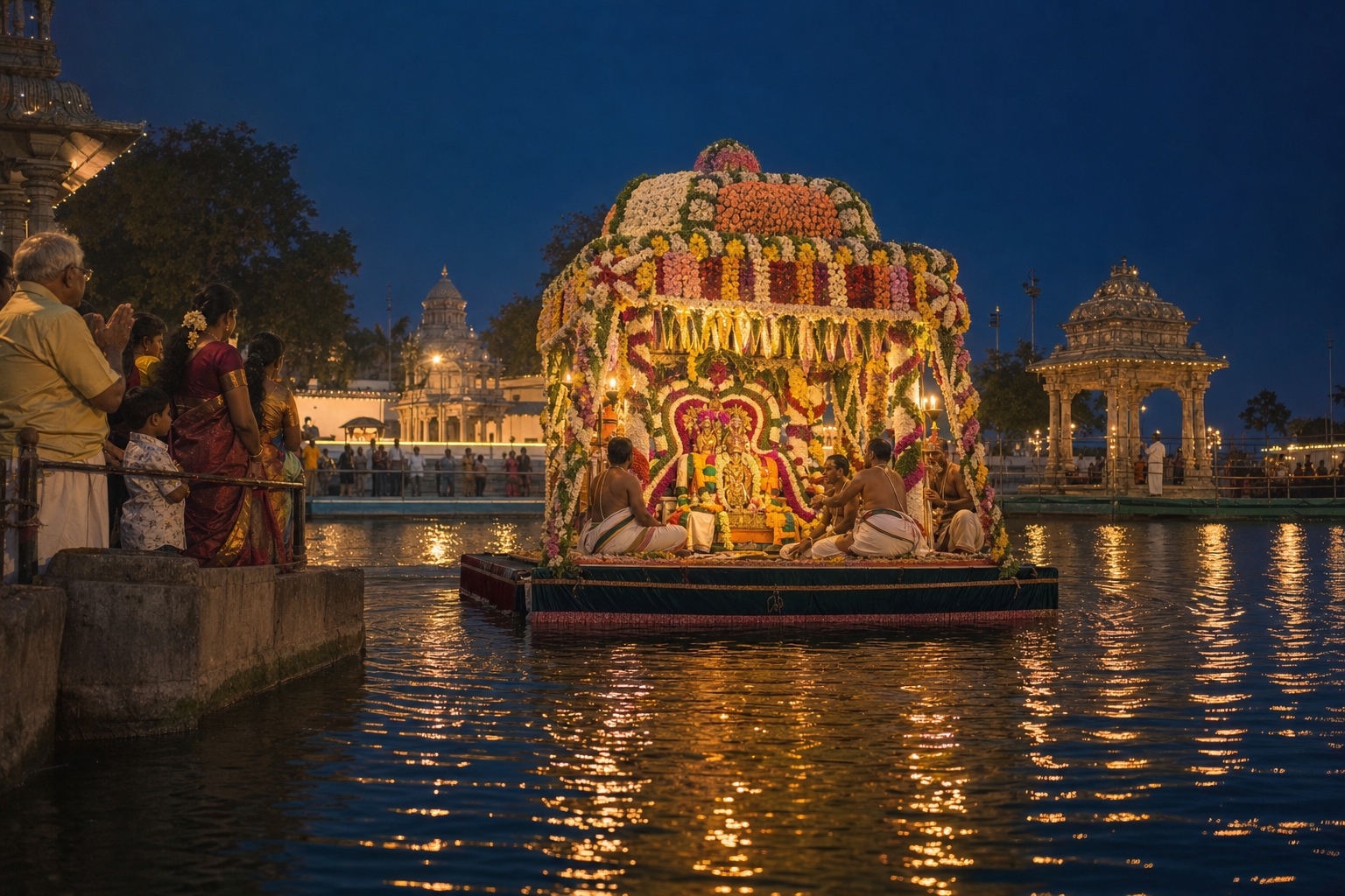 Pilgrims watch priests accompany sacred festival icons on a flower-decorated float in the illuminated Pushkarini.