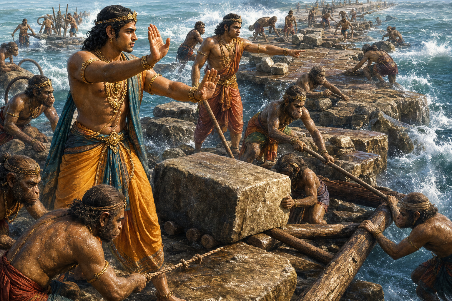 Nala guides the bridge construction while Neela coordinates vanara crews using ropes, timber levers, logs, stones, and tree trunks.