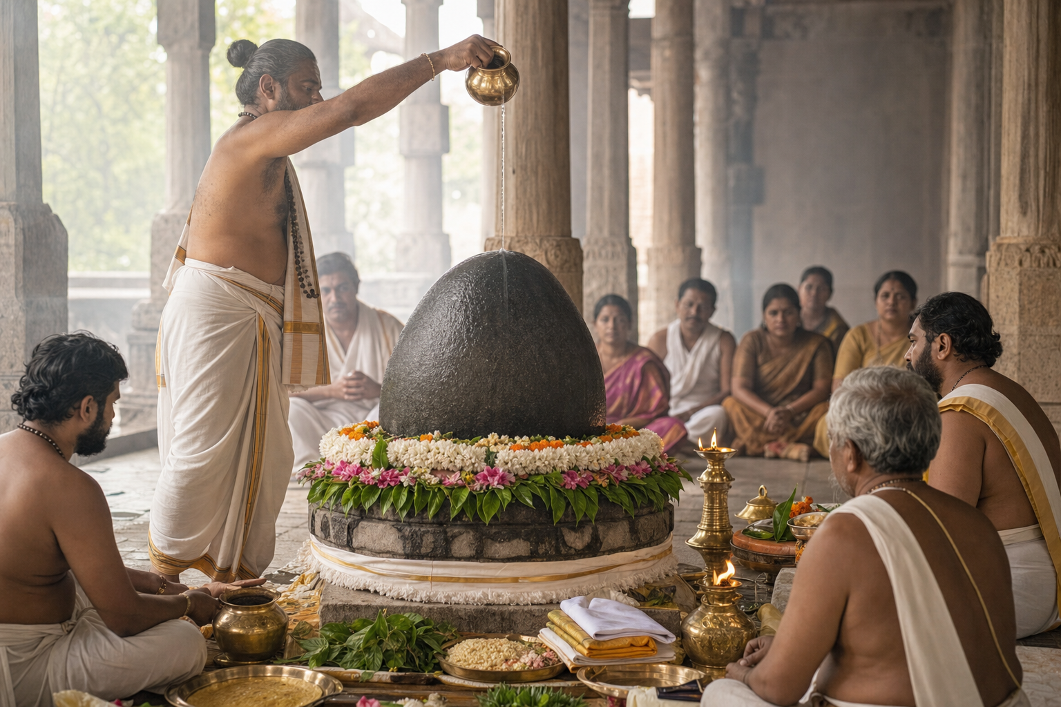 Temple officiants perform a water and flower ritual around a non-human-shaped stone form in a pillared hall as witnesses sit nearby.