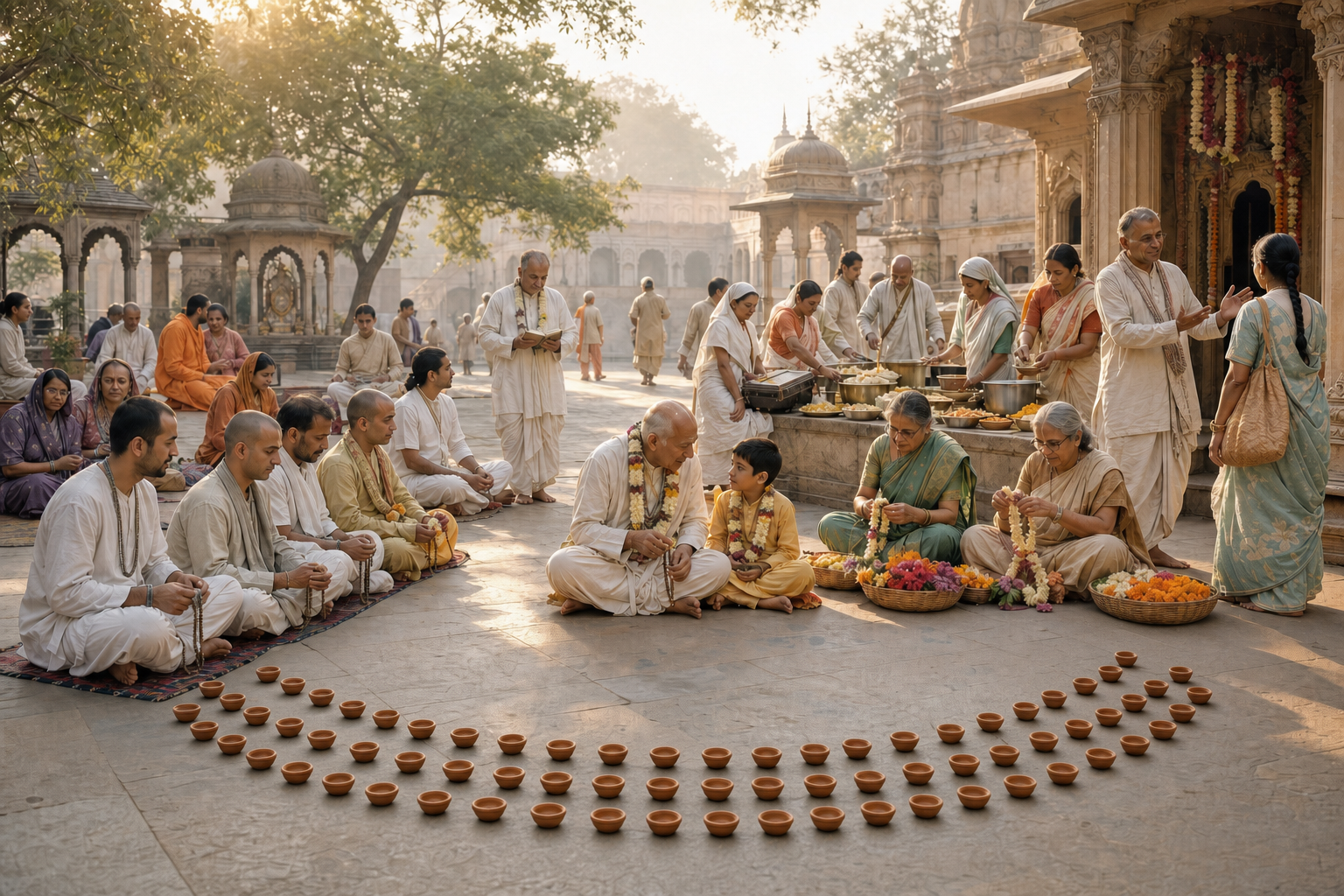 Devotees of several generations chant, hear scripture, make garlands, prepare food, and welcome visitors in a sunlit temple courtyard with clay lamps.