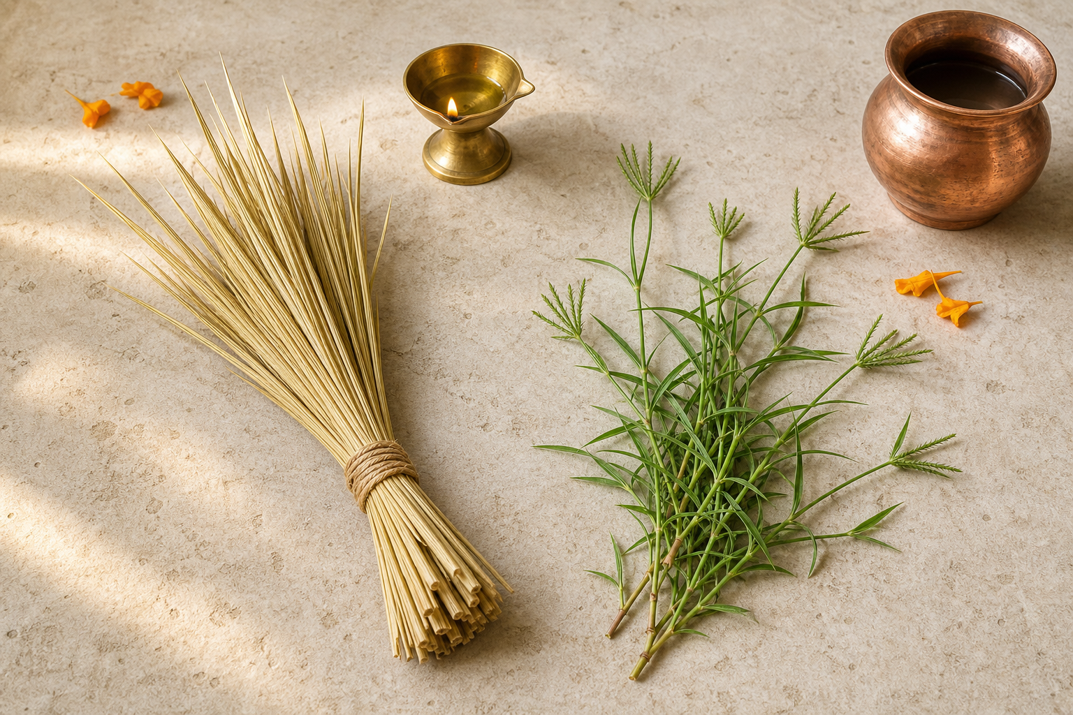 Separate bundles of dried golden Darbha grass and fresh green Durva grass arranged beside a brass lamp and copper vessel.