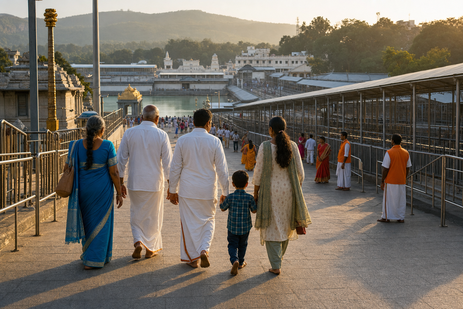 A family of pilgrims walks through Tirumala in the late afternoon toward the temple and Pushkarini area before the evening festival.