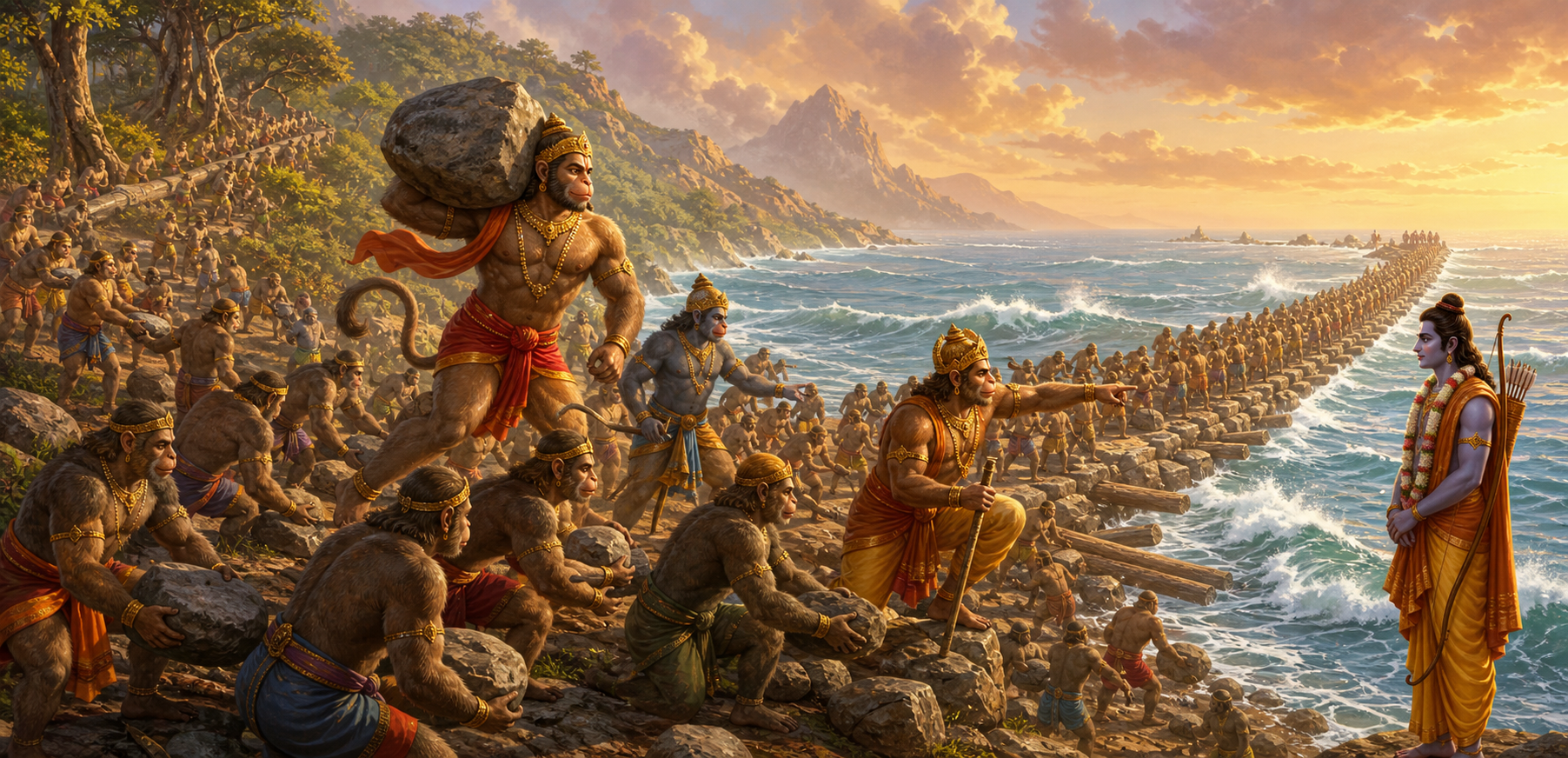 Organized lines of vanaras carry stones and timber from the hills to Nala and Neela at the advancing Rama Setu causeway.