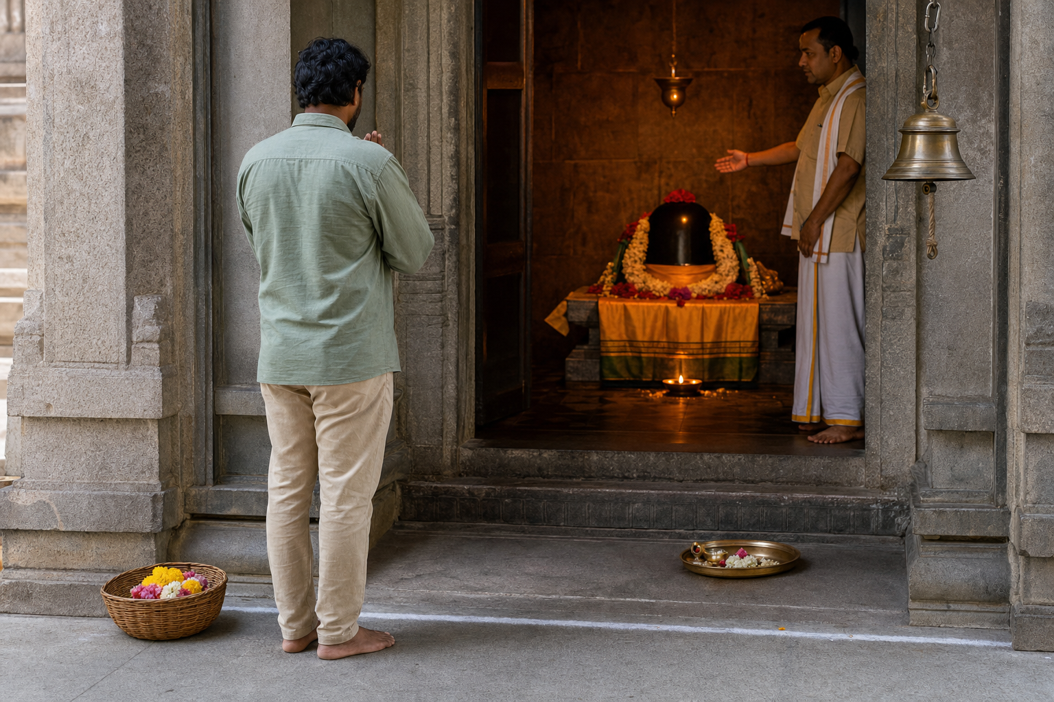 A barefoot visitor with joined hands pauses outside a temple sanctum while an attendant indicates where to place an offering tray.