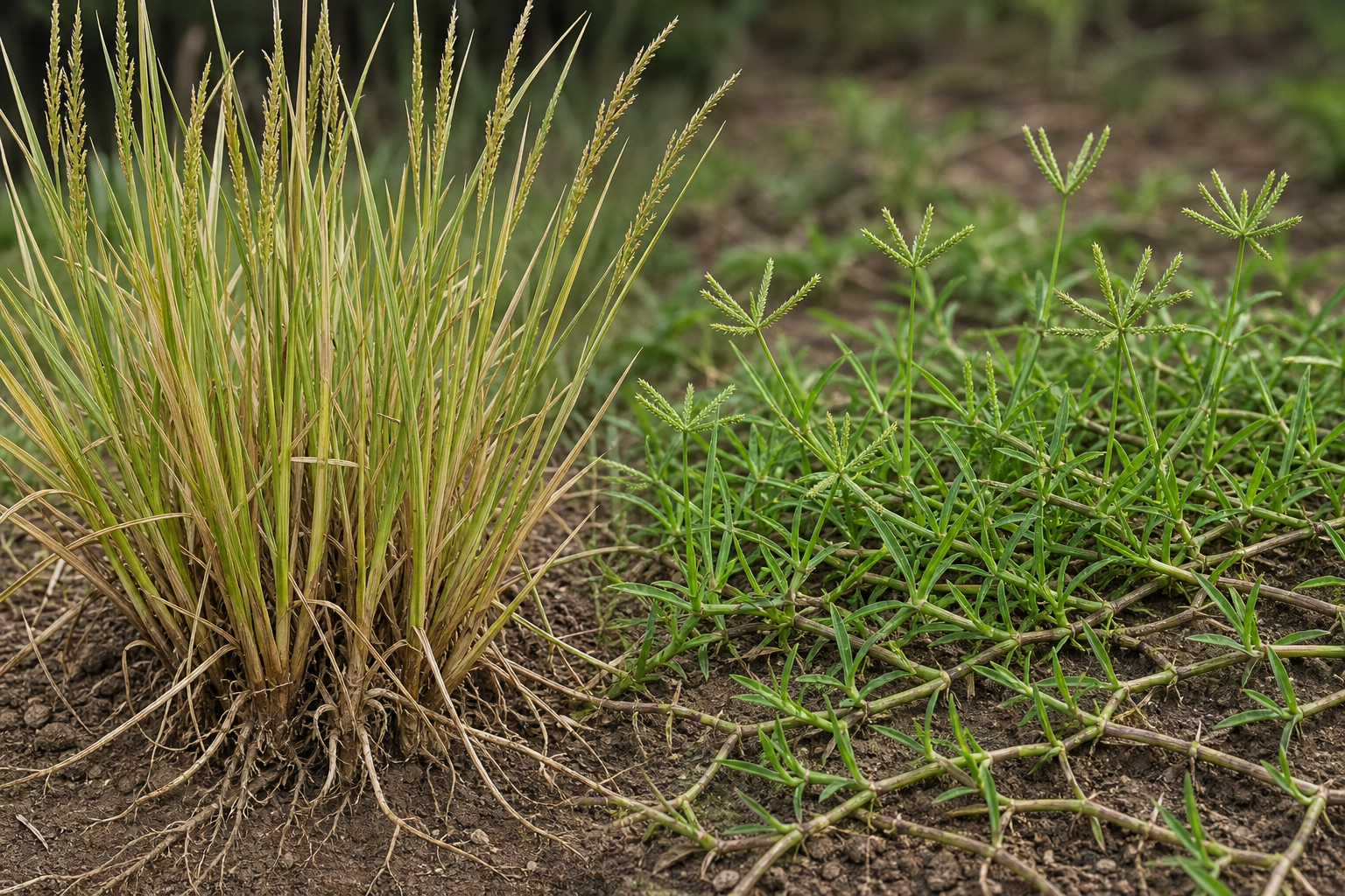 Upright tufted Darbha grass beside low creeping Durva grass, showing their different blades, stems, and seed heads.