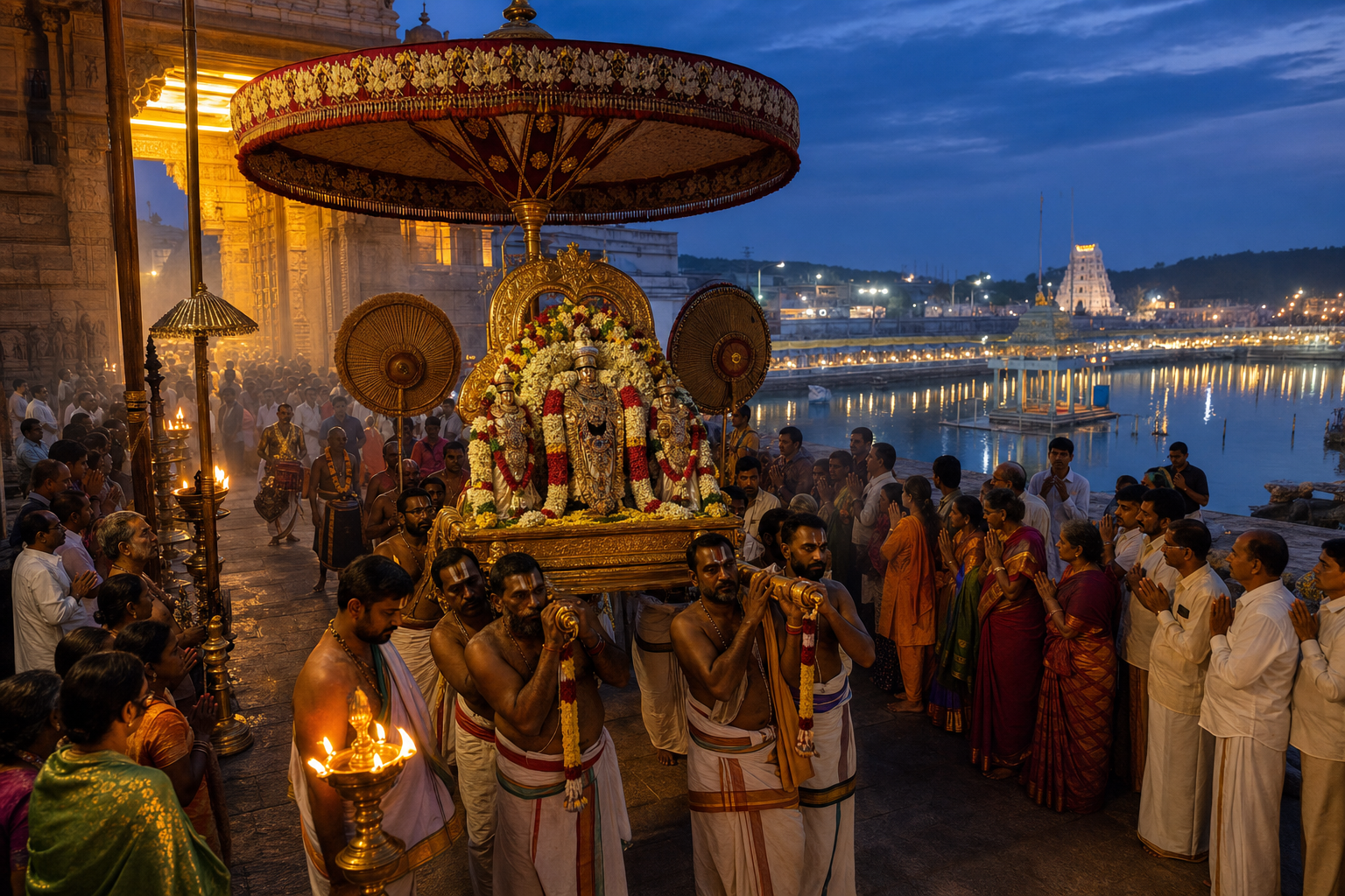 Priests carry adorned sacred festival icons beneath a ceremonial canopy in an evening procession toward Swami Pushkarini.