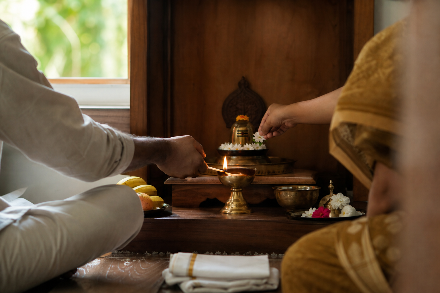 Two household members tend a modest home devotional alcove with an oil lamp, flowers, water, fruit, and a small sacred form.
