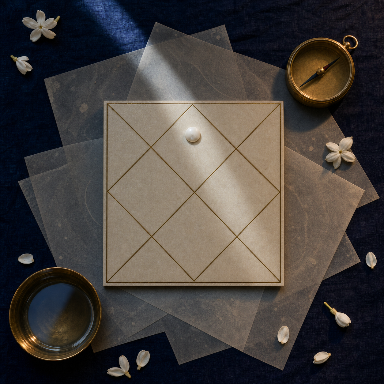 An unlabeled twelve-house geometric astrology framework holds a white moon disk among layered vellum sheets, a brass compass, water, and jasmine petals.