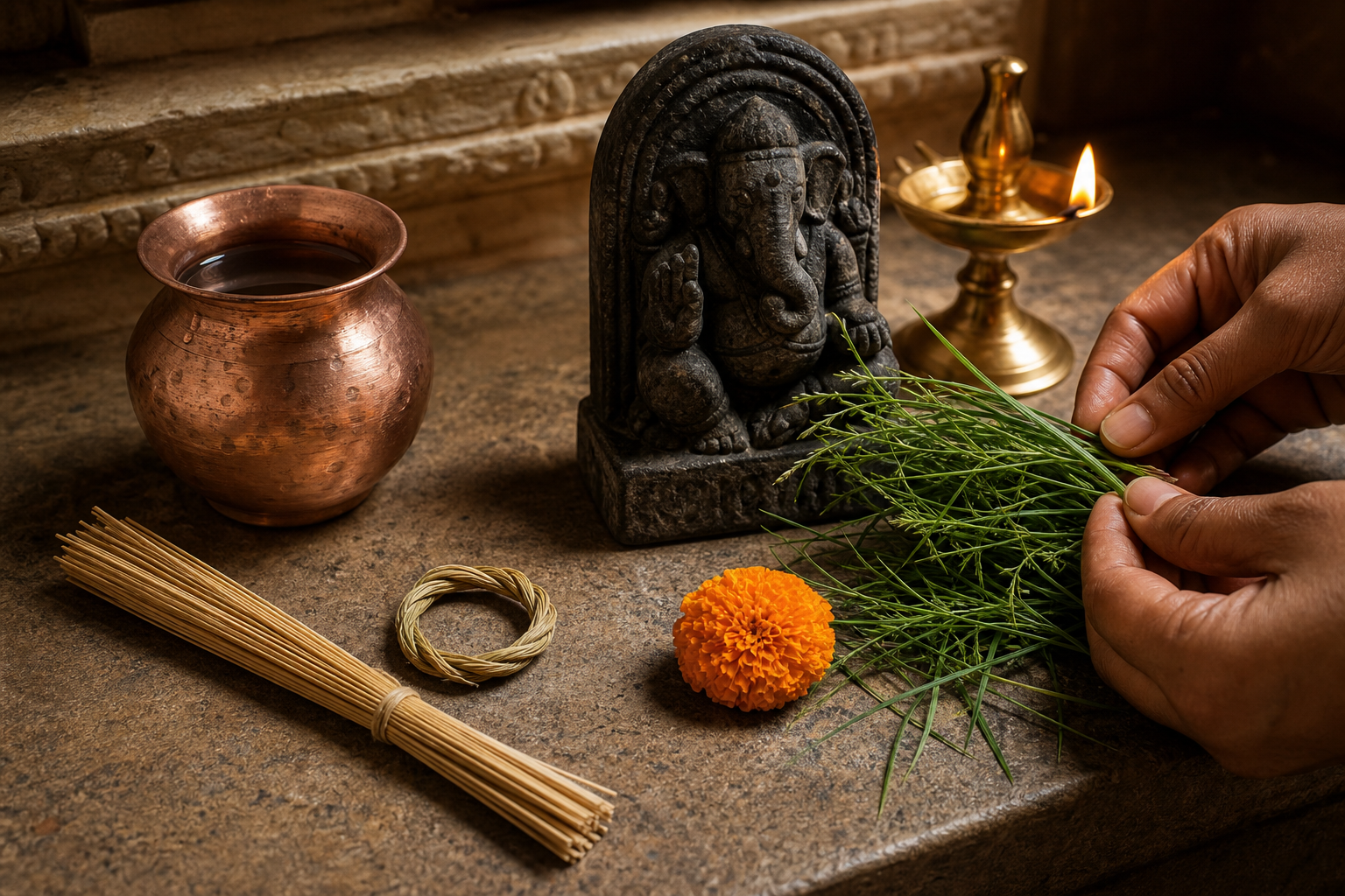 Dried Darbha ring and bundle beside a copper vessel, with fresh Durva sprigs being offered at a Ganesha shrine.