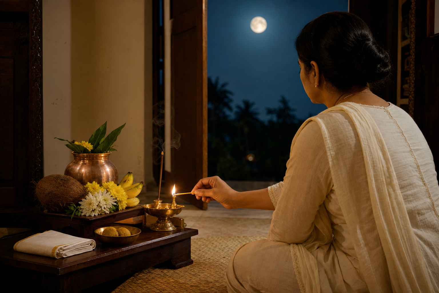 A devotee lights a brass oil lamp beside flowers, fruit, sweets, and a copper vessel during an evening home observance.