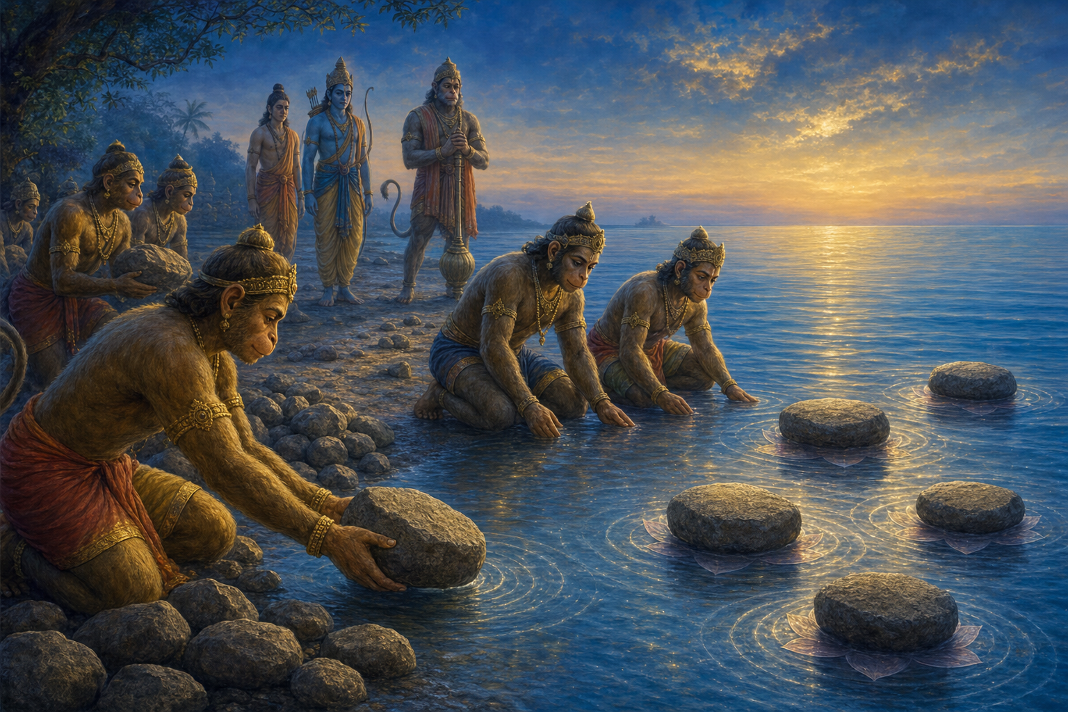 Nala, Neela, and vanara devotees place unmarked stones on the sea, where several float in softly glowing water at twilight.