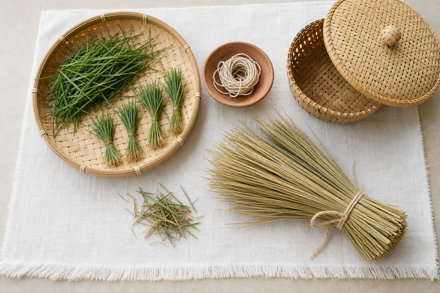 Fresh Durva sprigs and dried Darbha blades being sorted separately on cloth beside a bamboo tray and ventilated basket.
