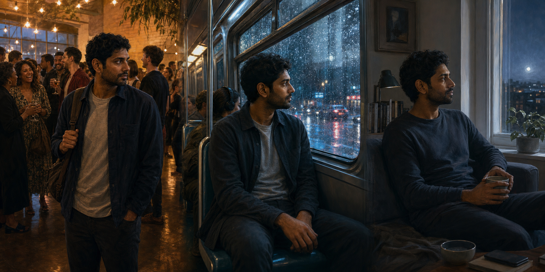 The same adult appears at a crowded gathering, on rainy public transit, and resting in a quiet room, with changing blue reflections linking the scenes.