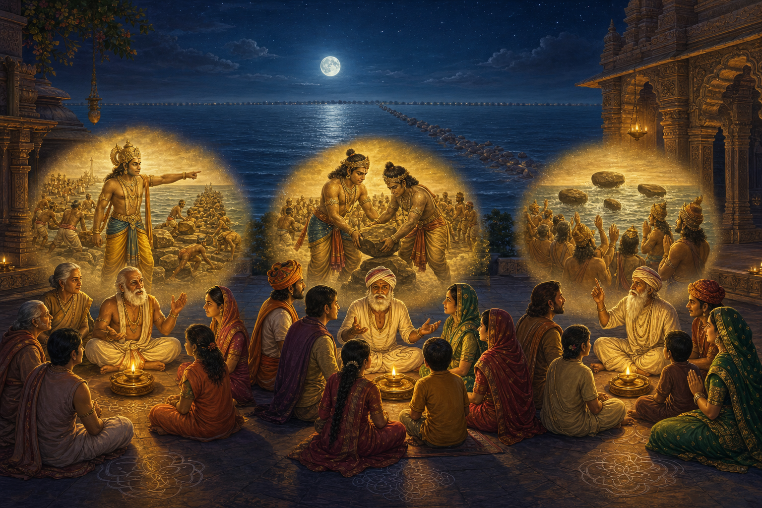 Three groups listen to Ramayana storytellers by oil lamps while distinct visions show Nala building, Nala and Neela working together, and stones floating on the sea.