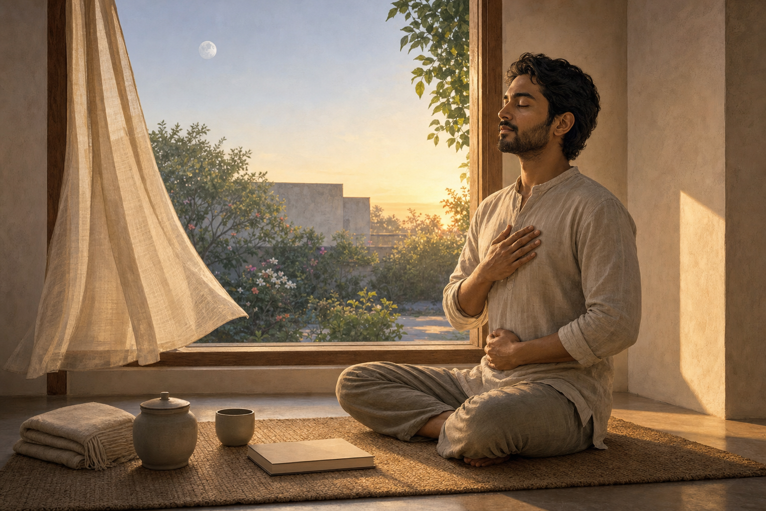 An adult practices slow breathing on a woven mat at dawn beside a cup, water vessel, folded blanket, and closed notebook.