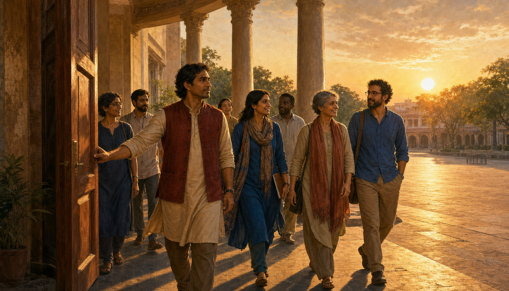 A South Asian adult holds open the entrance of a sunlit community hall while a group walks with them into the courtyard at sunrise.