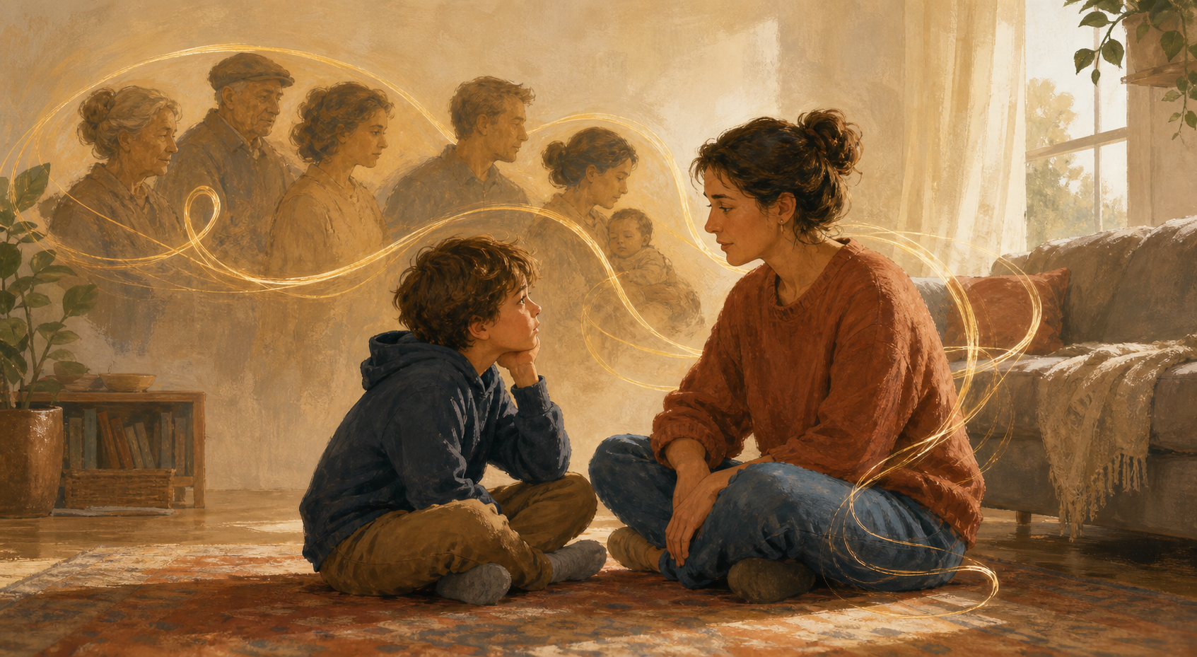 A parent and child sit face to face on a living-room floor as a translucent ribbon loops through faint family silhouettes and opens into light behind them.