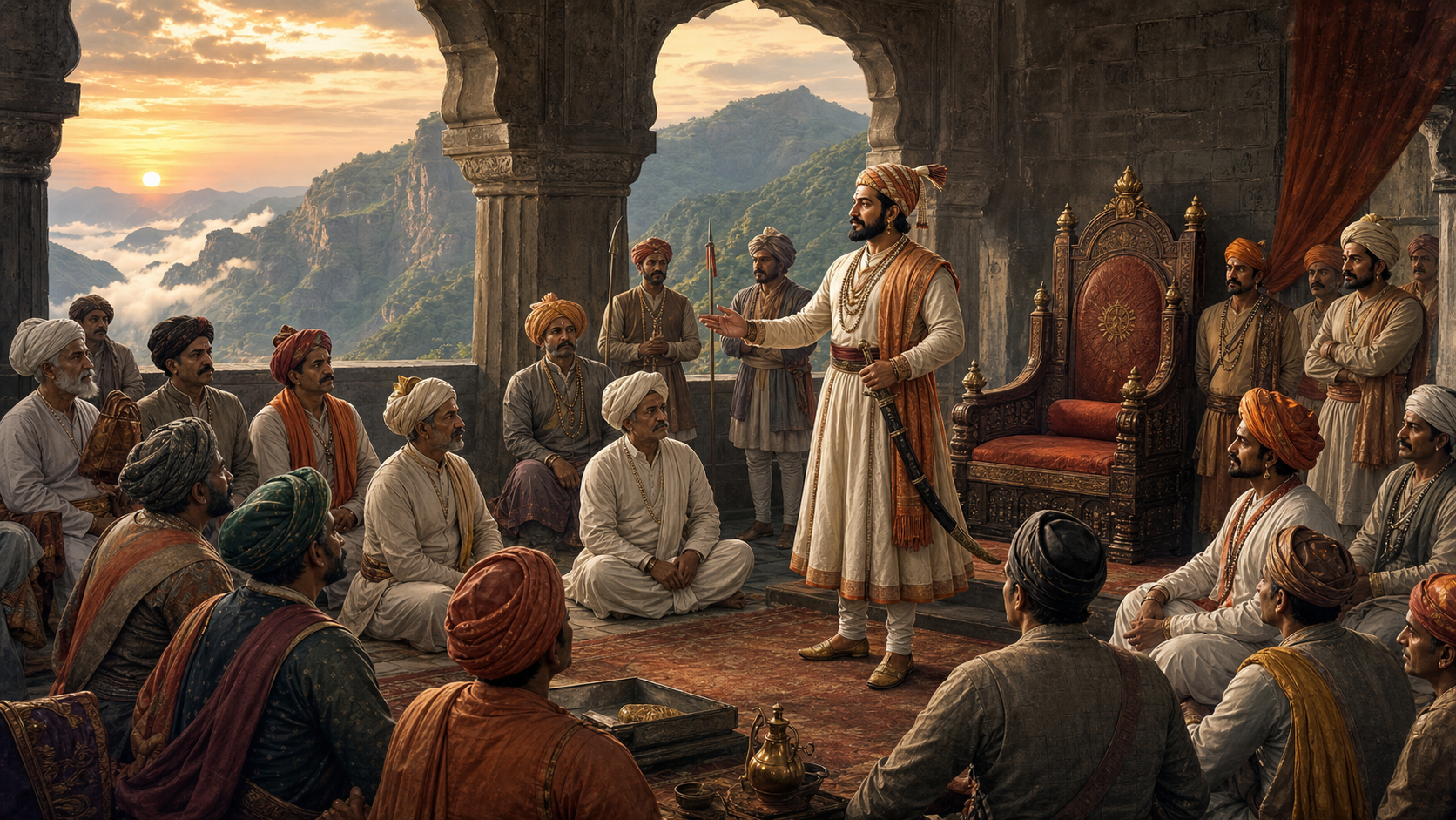 Chhatrapati Shivaji stands beside a throne with his sword sheathed while listening to advisers and petitioners in a Maratha hill fort.