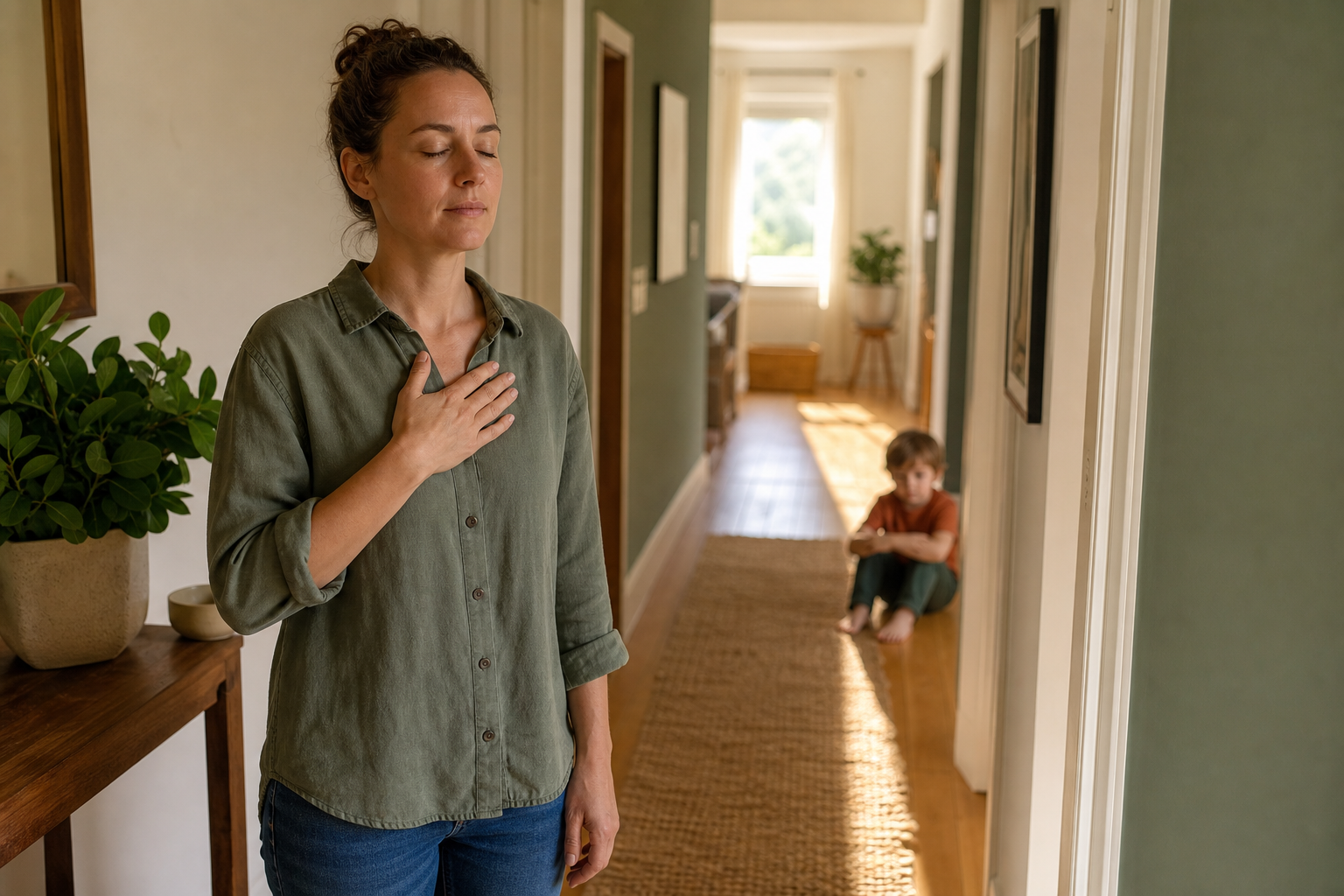 A parent pauses with one hand on the chest and eyes closed while an upset child waits safely in the background of a home hallway.