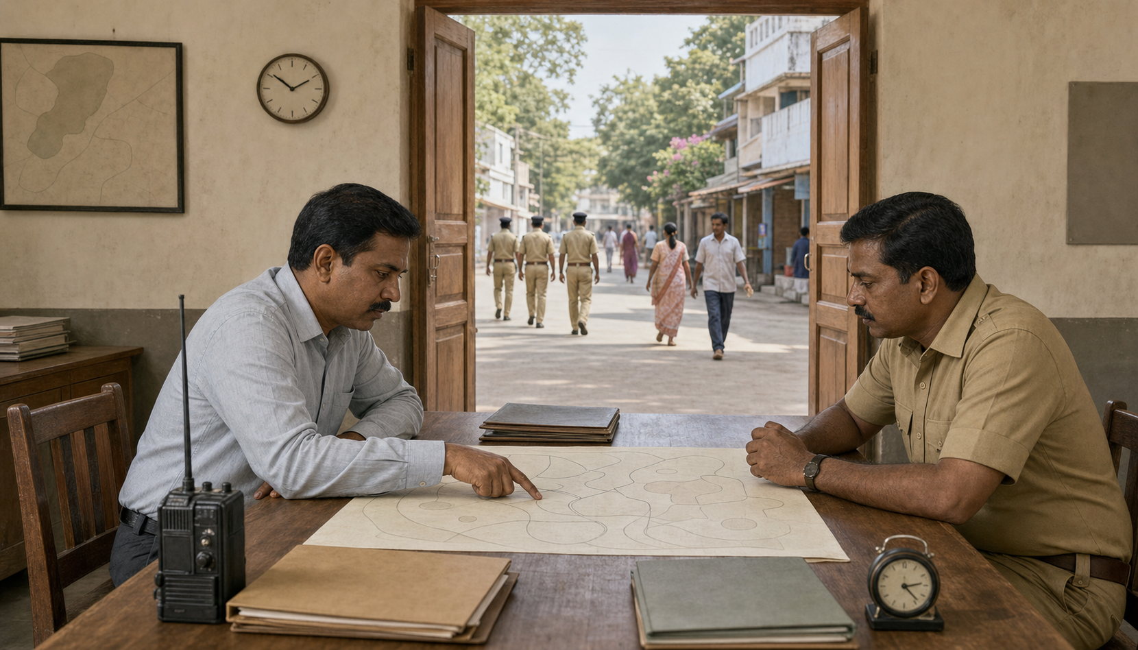 A civil officer and police commander review a map and response materials while a public street remains open outside.