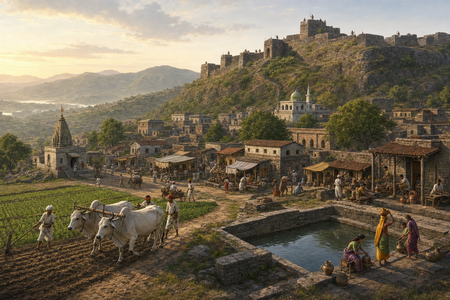 Farmers, artisans, traders, and families go about daily life below a guarded hill fort in a seventeenth-century Deccan town.
