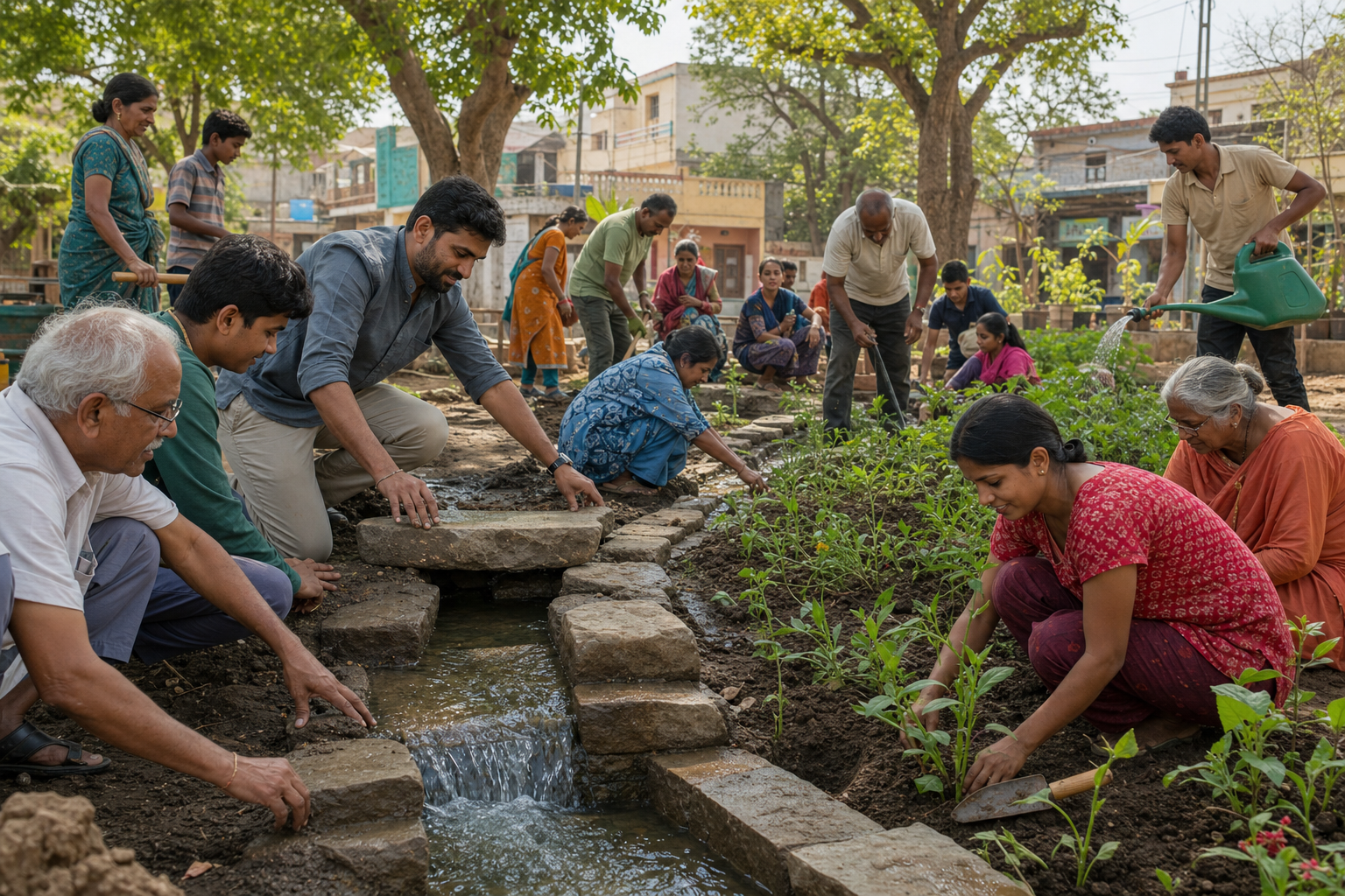 Residents and volunteers work together on a rainwater garden as a project leader helps position a stone water channel.