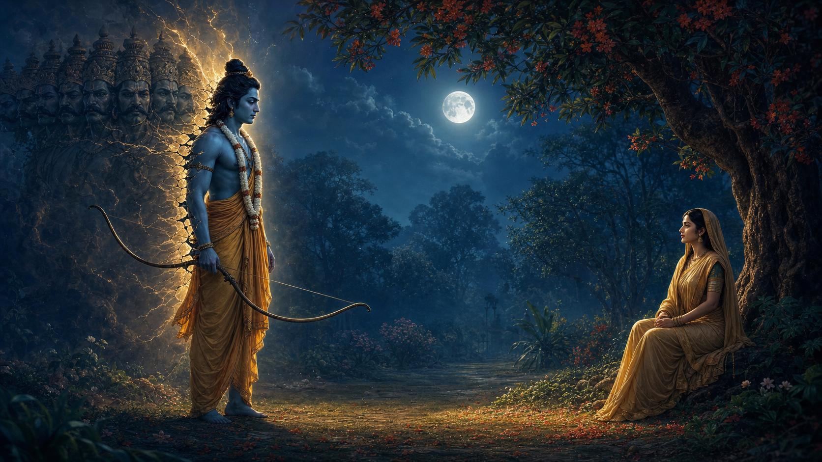 Ravana disguised in Rama's form stands before Sita in an ashoka grove while a many-crowned shadow behind him reveals the failing illusion.