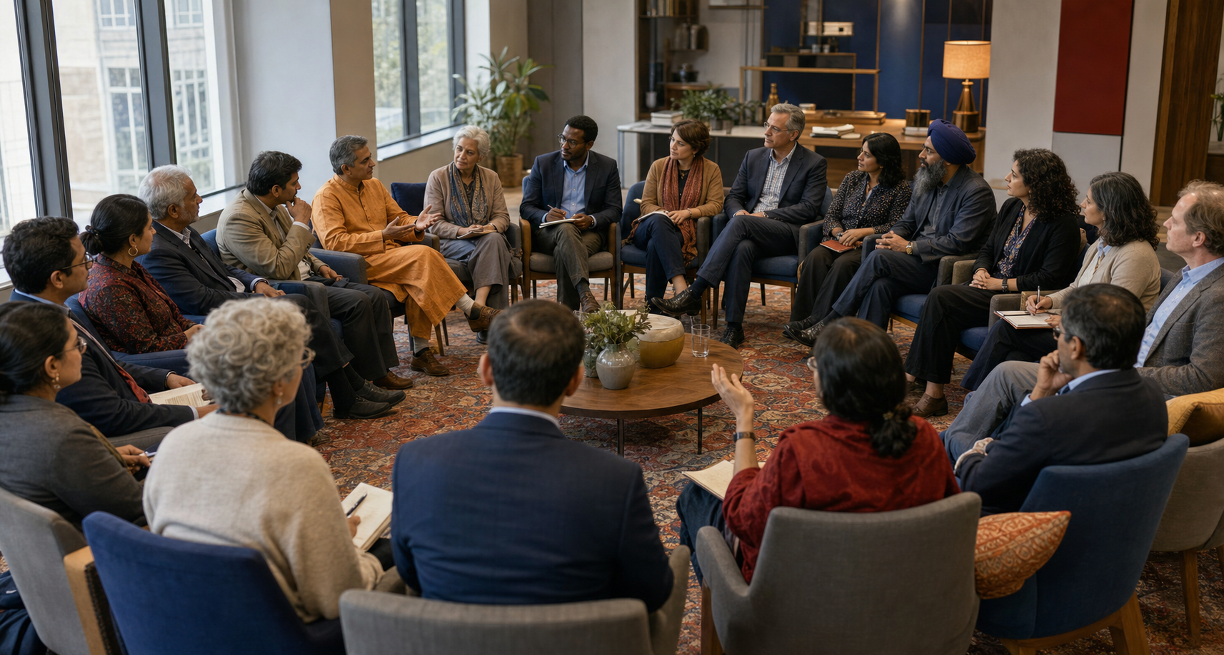 Indian and American civic, academic, and faith participants sit in a circle for a serious public dialogue in a contemporary forum.