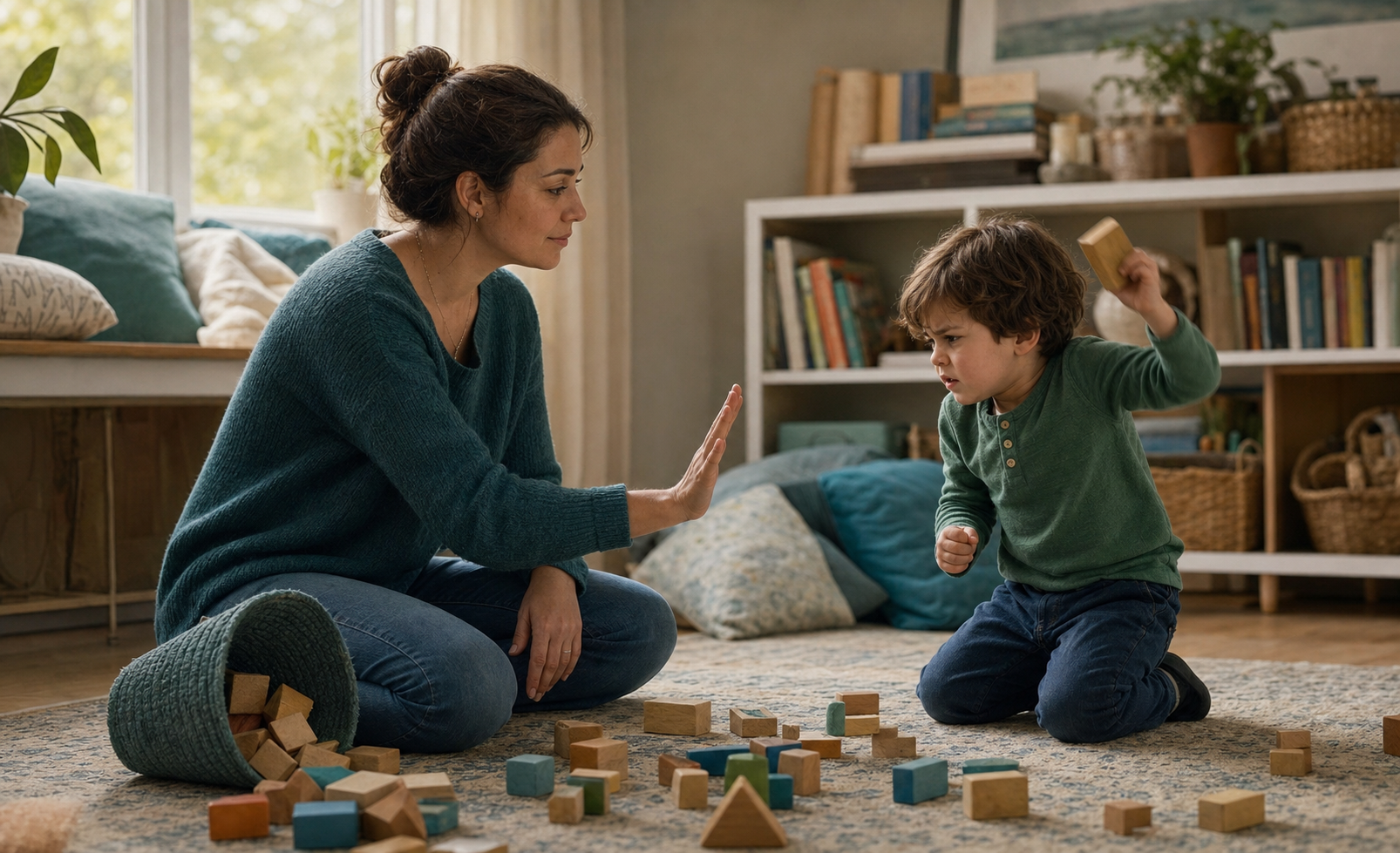 A parent calmly holds out an open hand to stop a child from throwing another block while staying close beside the scattered toys.