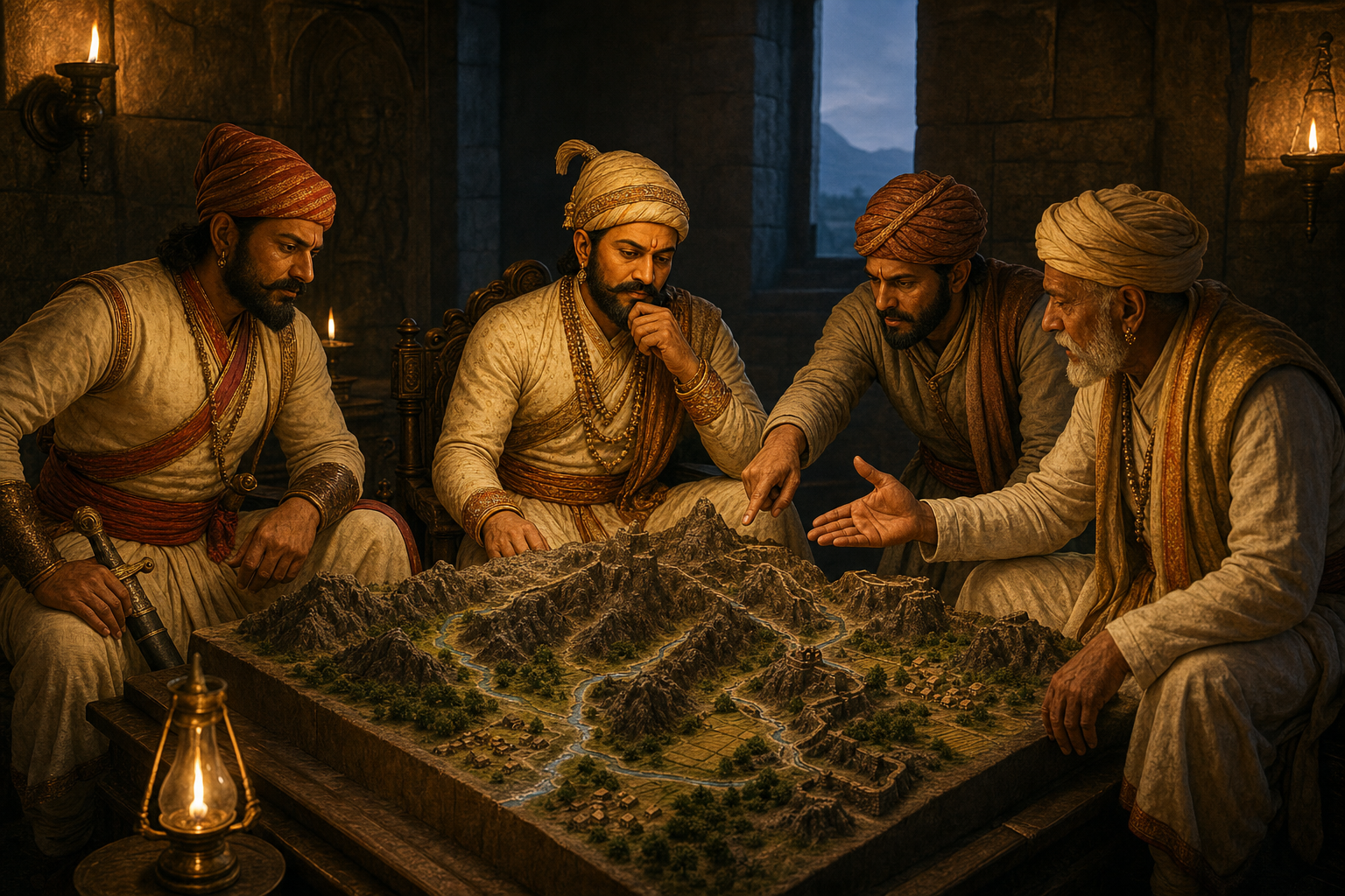 Shivaji and his advisers study an unlabelled terrain model as a commander, scout, and elder present military, strategic, and civilian concerns.
