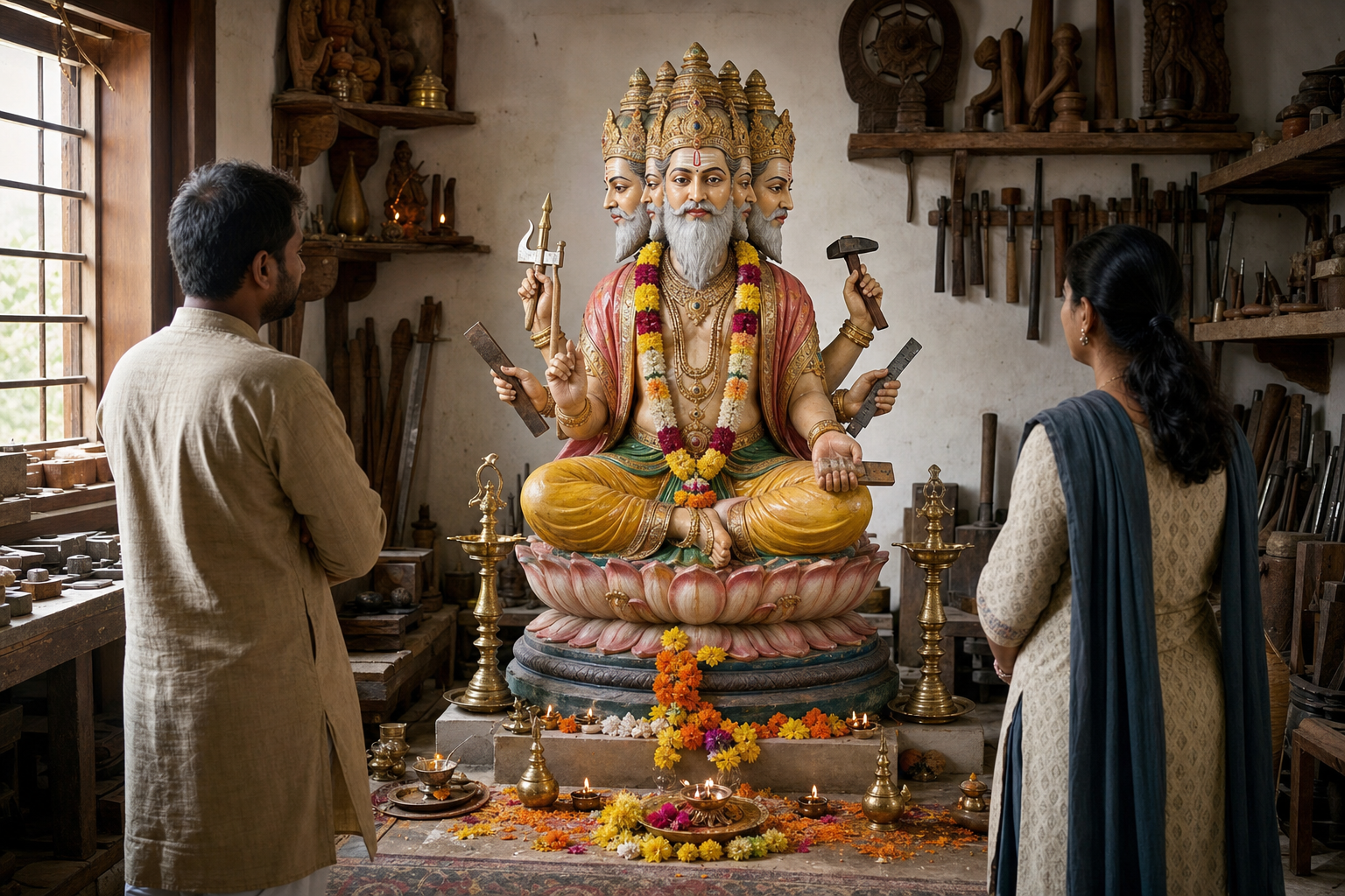 Two visitors observe a complete five-faced Vishwakarma shrine with its crown, hands, tools, pedestal, lamps, and flower offerings visible in a small artisan workshop.