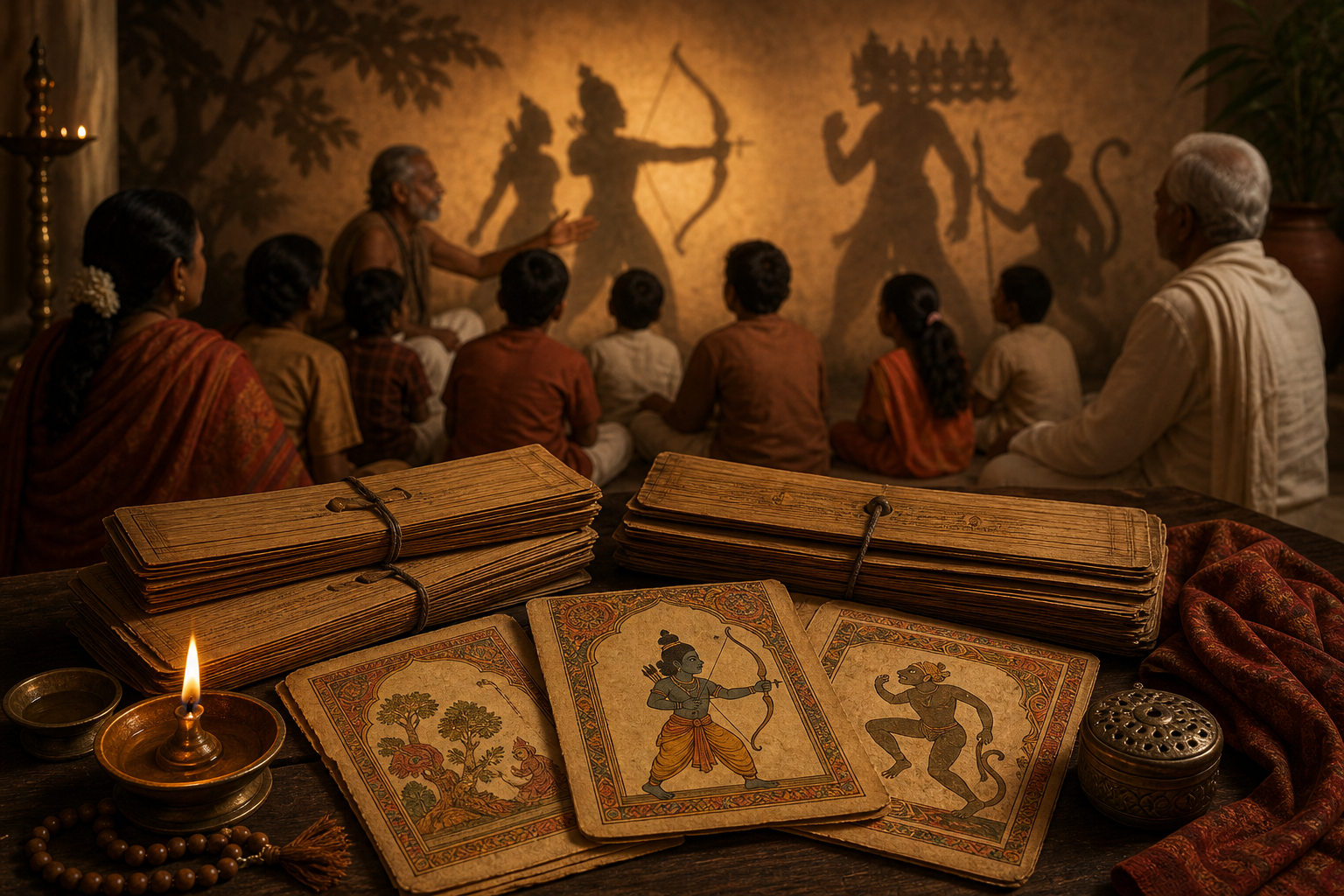 Palm-leaf manuscript bundles, an oil lamp, prayer beads, and a storyteller's shadow represent written and oral transmission of a traditional narrative.