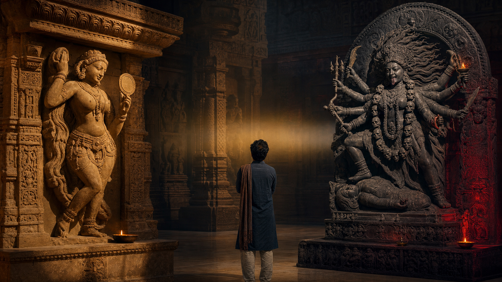 A visitor stands between a sandstone mirror-bearing feminine temple figure and a dark stone sculpture of a fierce many-armed goddess in a gallery.