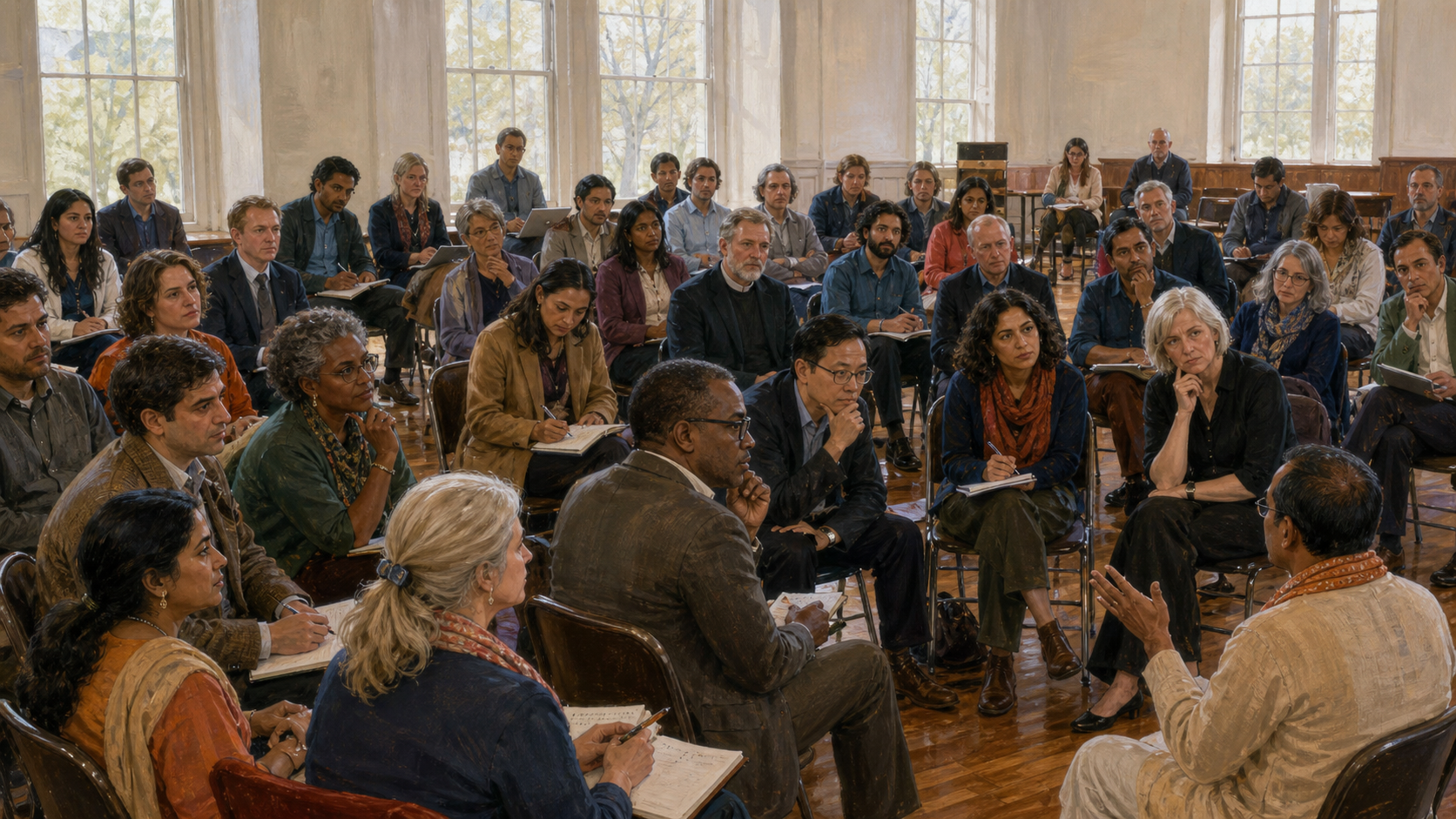A diverse American audience, including Indian-origin attendees, listens to an Indian cultural representative in a civic hall.