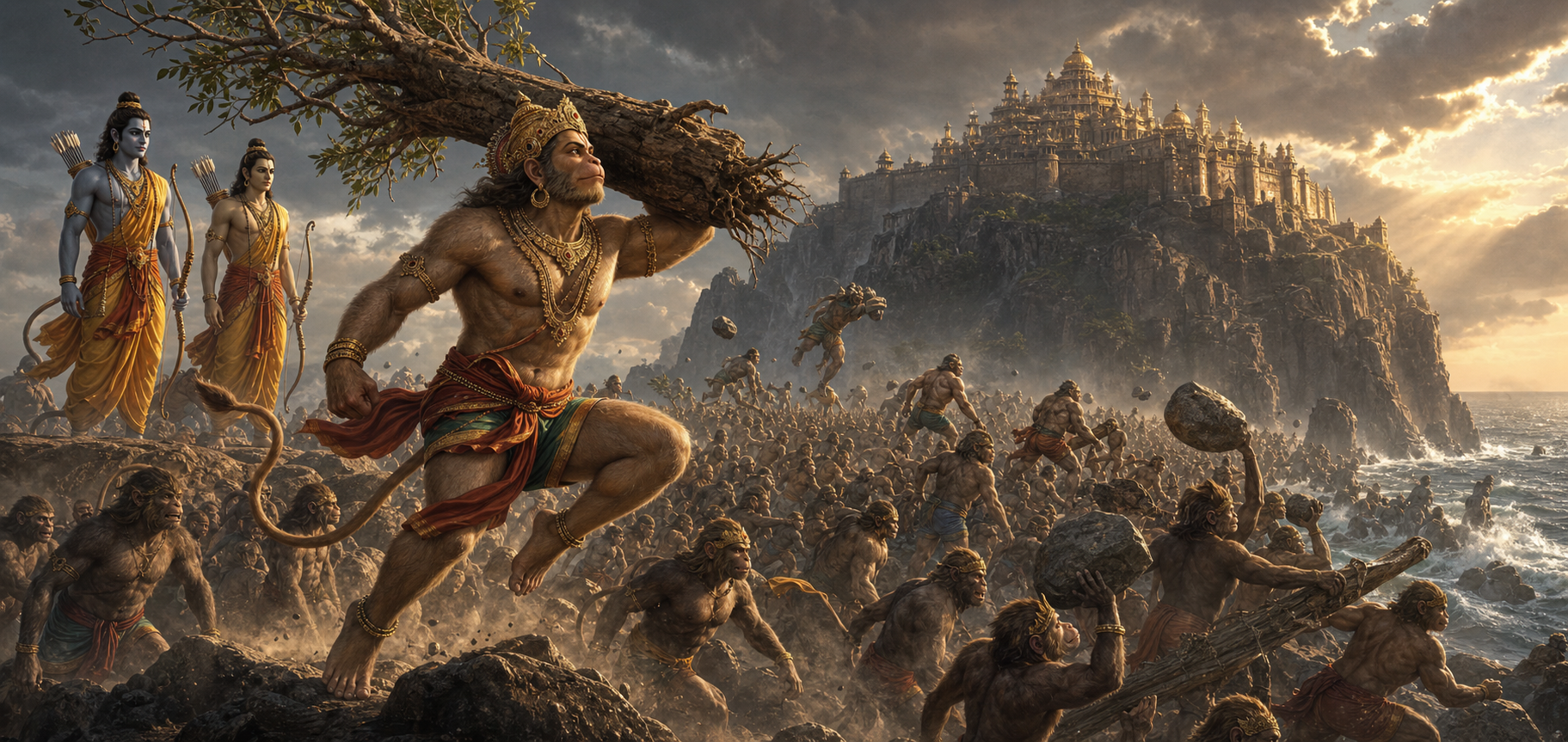 Vanara warriors charge across rocky ground toward Lanka carrying boulders and uprooted trees as Hanuman leads and Rama and Lakshmana stand behind them.