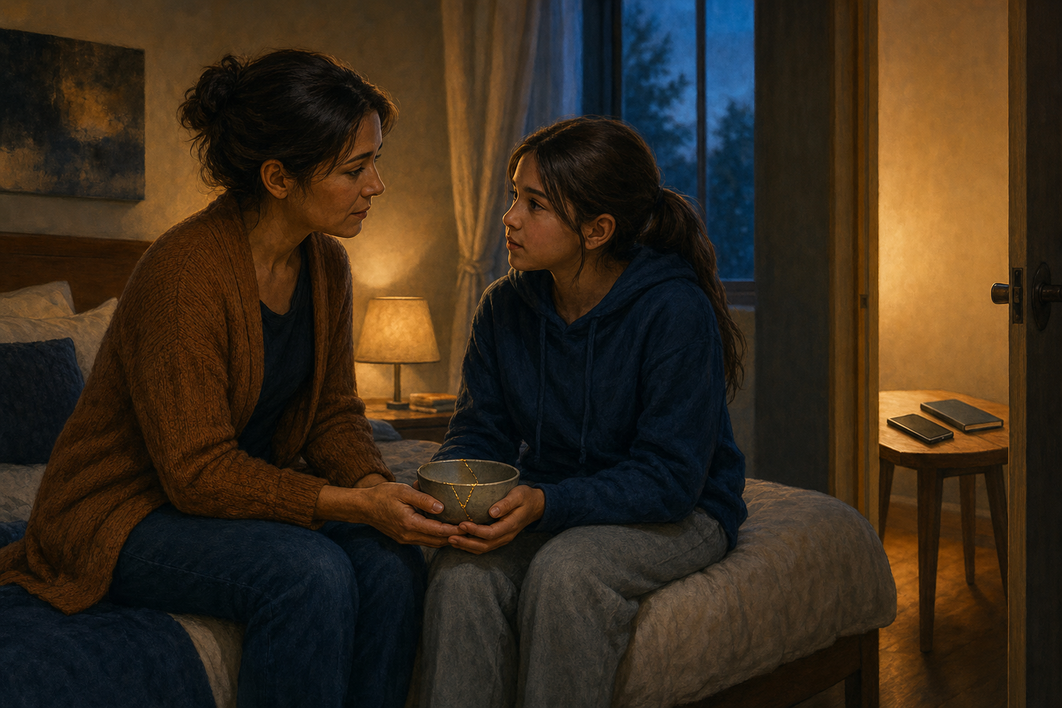 A parent and older child reconnect while sitting on a bed beside a ceramic bowl with golden repair seams; a phone and closed notebook rest near the doorway.