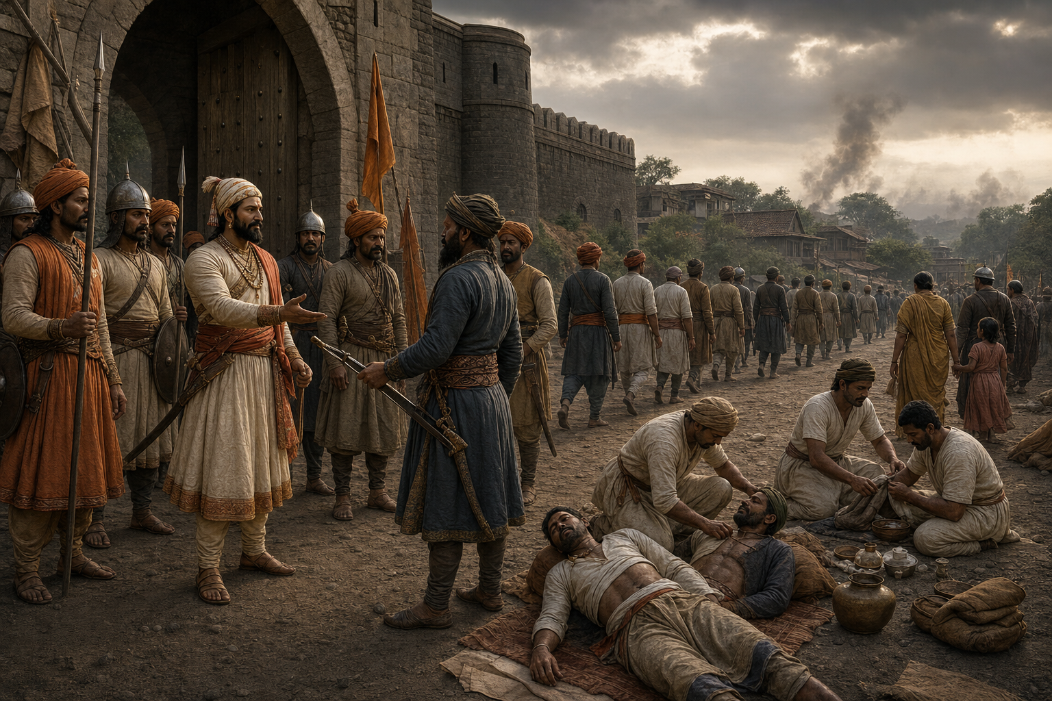 After a fort's surrender, Shivaji receives a defeated commander while soldiers lower their weapons, medics treat the wounded, and civilians are left unharmed.