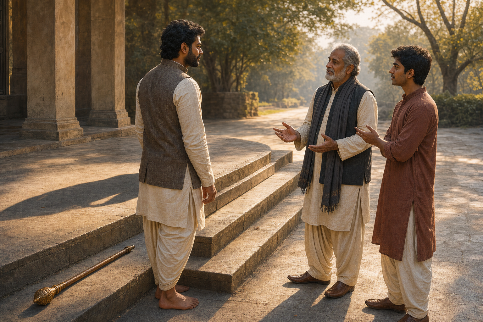 An adult pauses beside a raised platform and listens to two advisers while a long shadow stretches behind them in the dawn light.