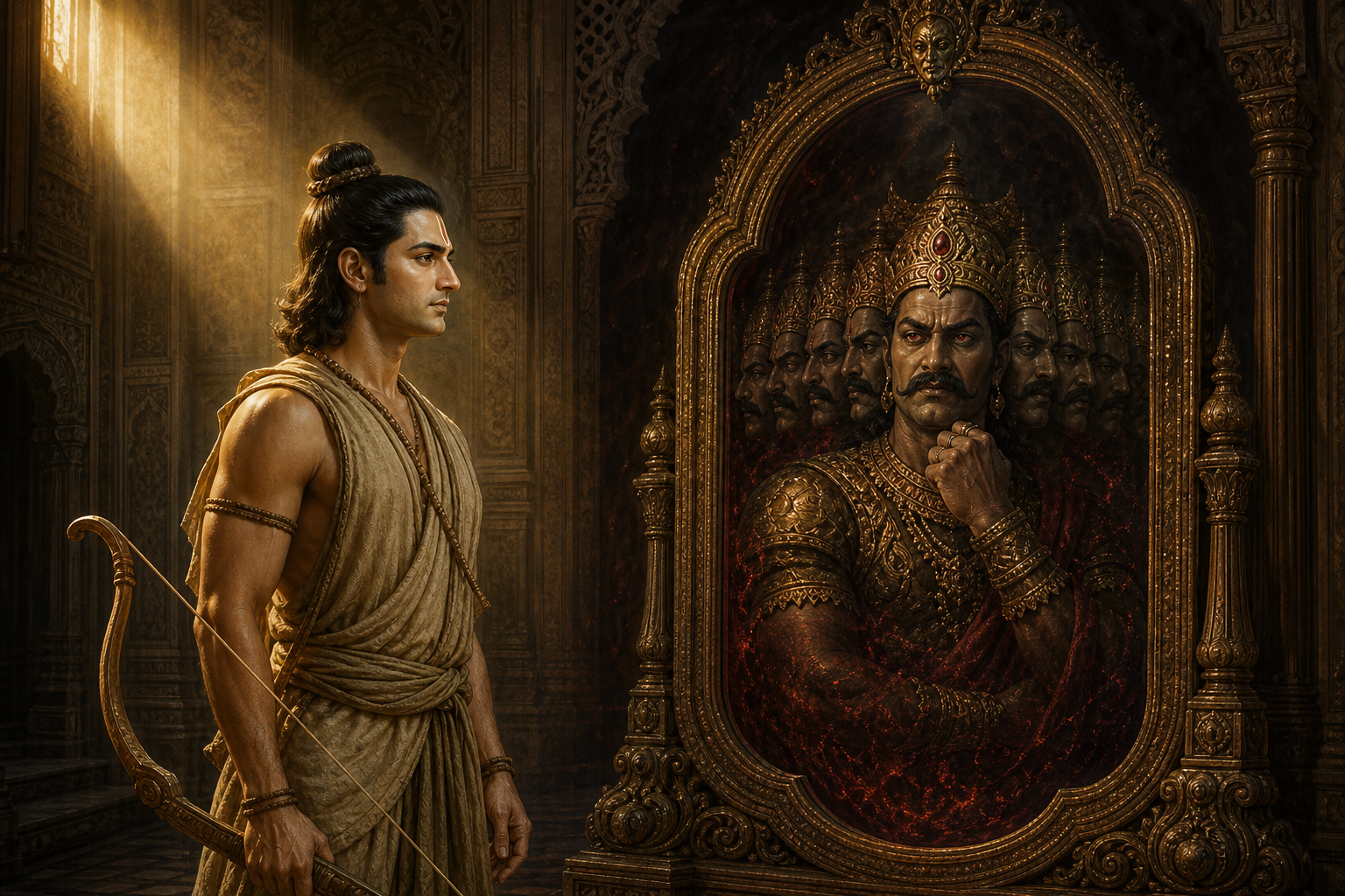 A figure wearing Rama's appearance faces a bronze mirror that reveals Ravana's crowned profiles and troubled expression.