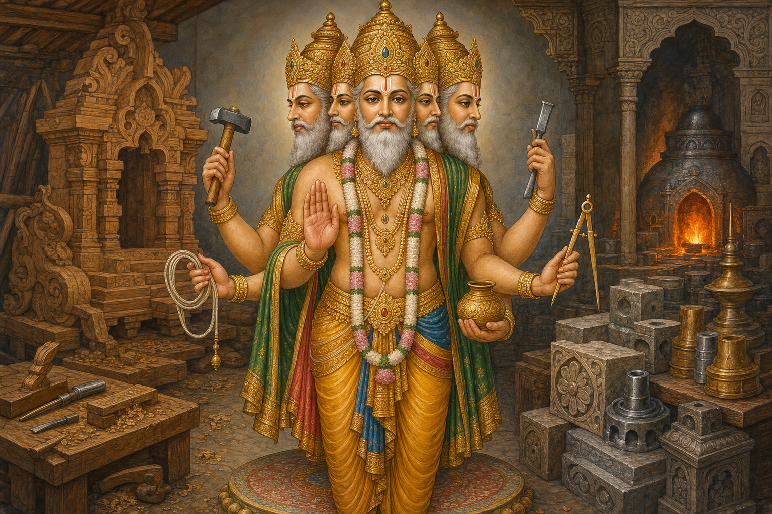 A five-faced crowned Vishwakarma icon displays several hand gestures and craft tools beside wood carving, dressed stone, metal components, and a workshop furnace.