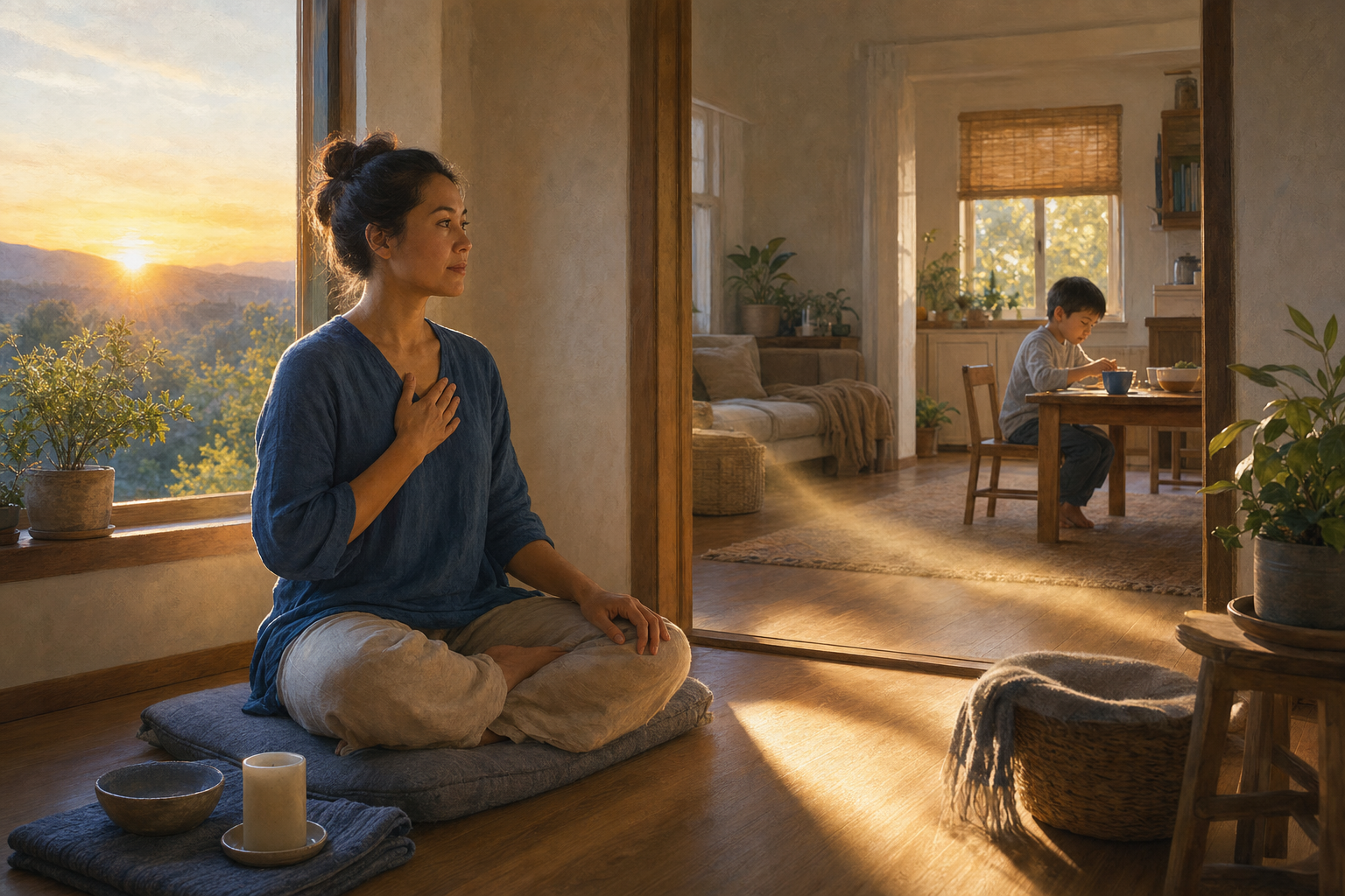 A parent sits awake on a floor cushion at sunrise, looking toward a child in the adjoining family room beside a candle, water bowl, and folded blanket.