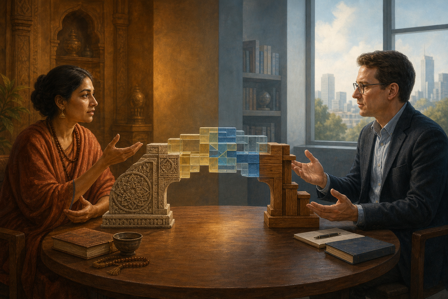 Two participants from Indian and American contexts converse across a table linked by a bridge of distinct interlocking forms.