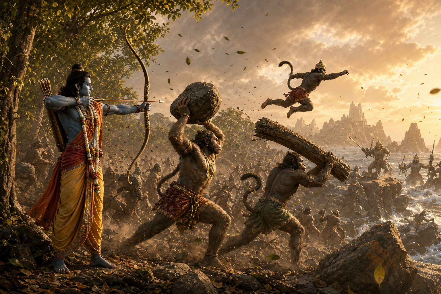Rama aims his bow beside Vanara warriors who leap, throw stones and wield fallen branches on a rugged battlefield.