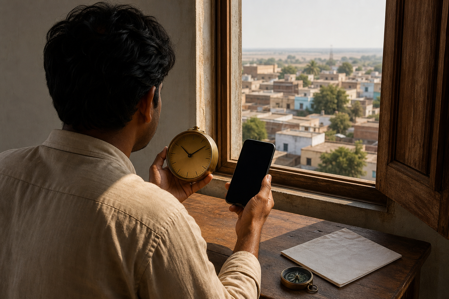 A person at a window compares local sunlight with a numeral-free brass clock, a compass, and an unmarked mobile device.
