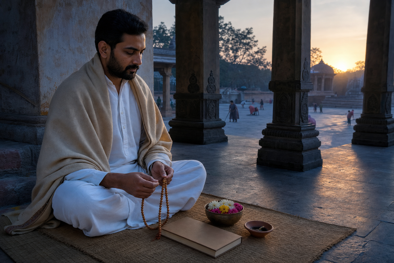 A devotee sits with chanting beads, a closed scripture, flowers, and a clay lamp on a quiet temple veranda before sunrise.