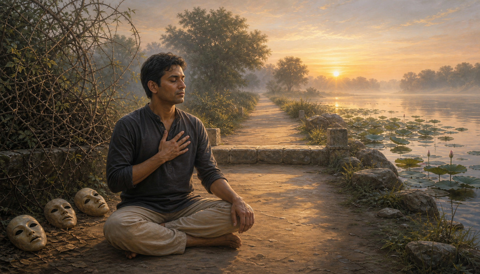 A person meditates beside a river at sunrise with discarded masks behind them and a sunlit path extending ahead.