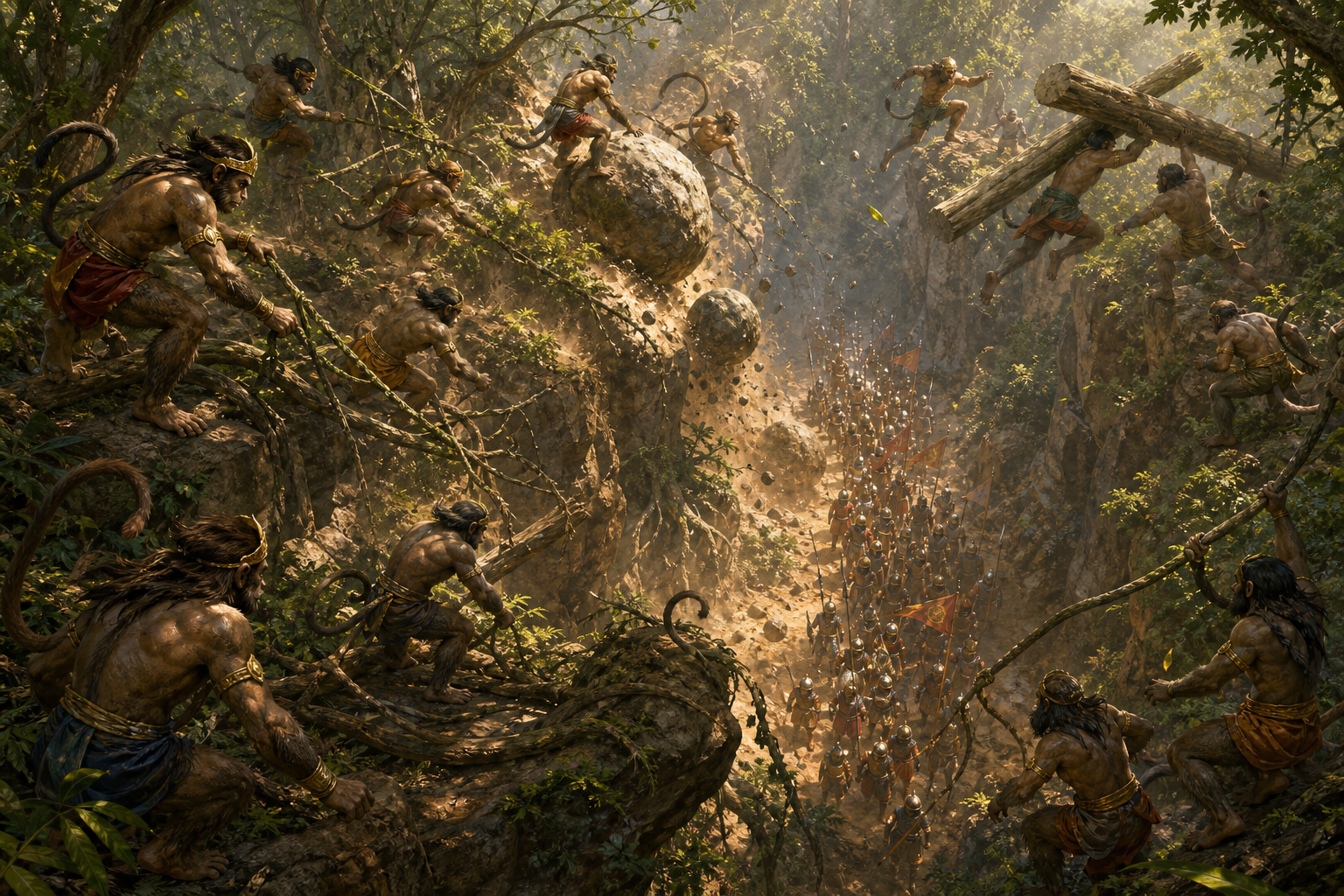 Vanara warriors use cliffs, trees, vines and rolling boulders to move through and control a forested ravine.