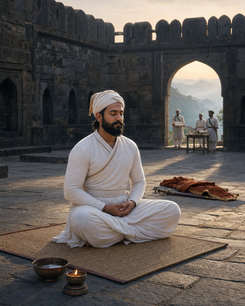 Shivaji meditates on a woven mat at dawn in a fort courtyard, with his sheathed sword and royal robe set behind him.