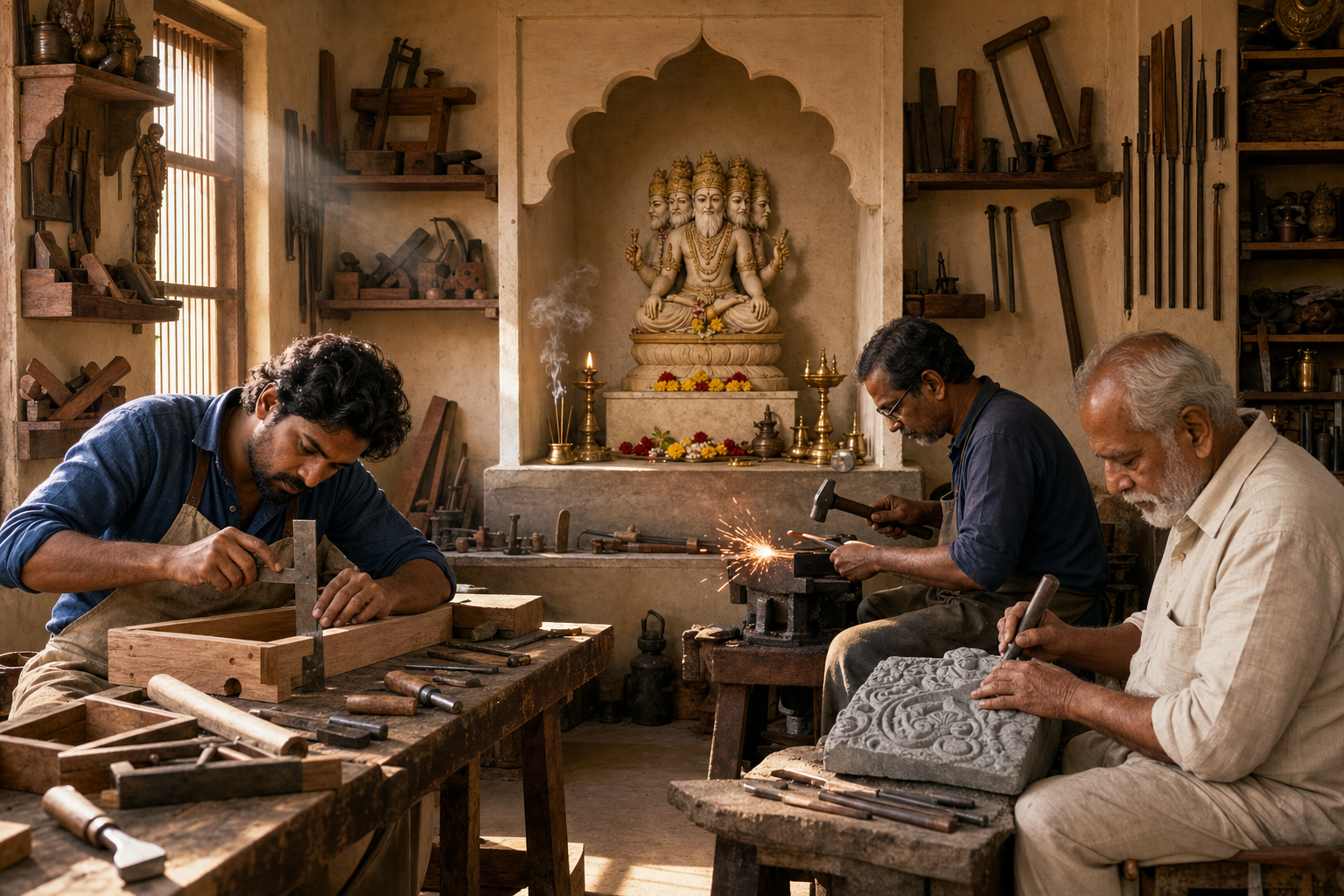 Three generations of craftspeople measure wood, shape metal, and inspect carved stone beneath a small five-faced Vishwakarma shrine in an orderly workshop.
